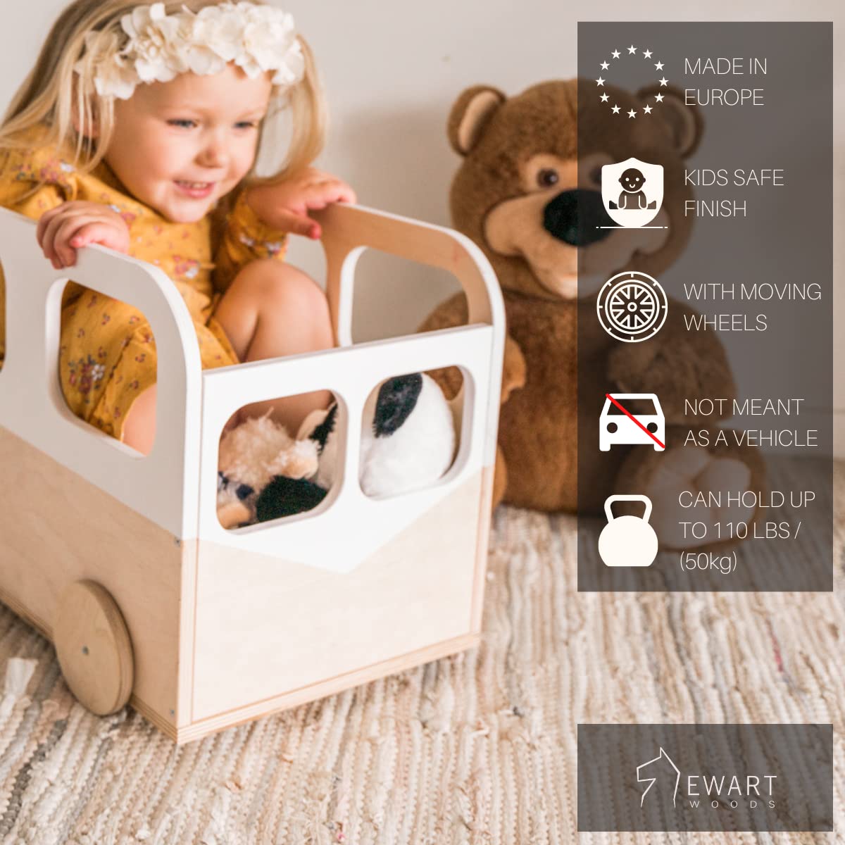 EWART WOODS Wooden Toy Box with Wheels - Kids Toy Storage Organizer, Nursery Bookshelf & Baby Room Bookcase - Perfect for Playroom, Bedroom, or Classroom Organization