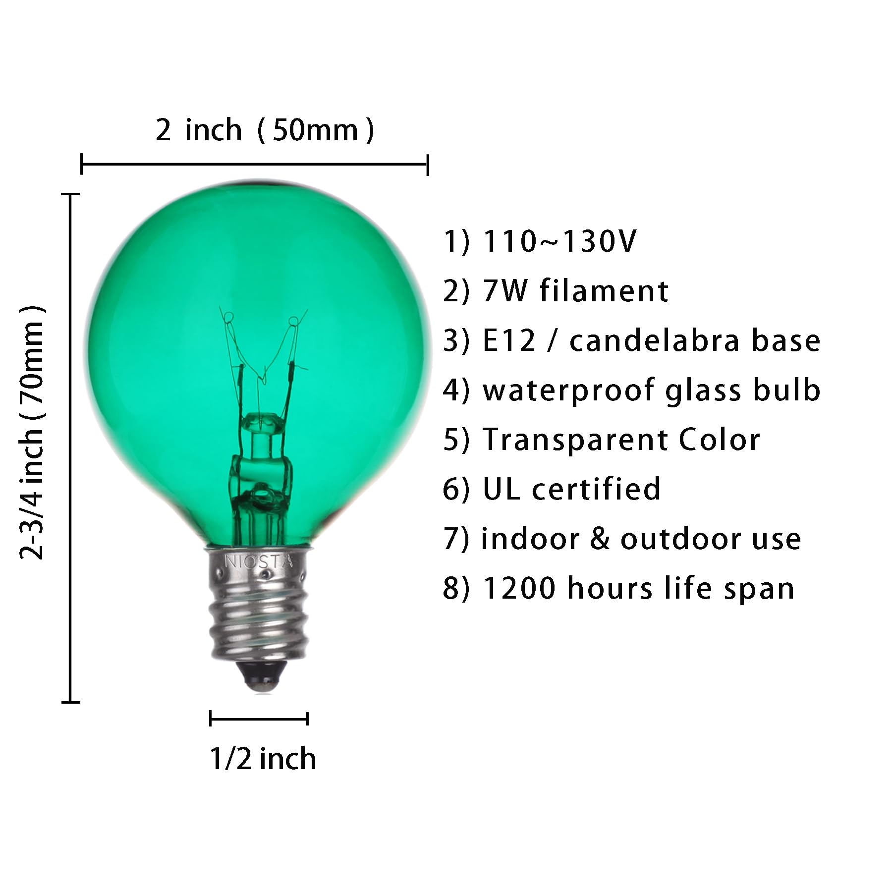 25 Pack G50 Replacement Light Bulbs - Green Glass Incandescent E12/C7 Candelabra Base (7W) for Outdoor Patio String Lights - Perfect for Garden Parties, Backyard Decor & Holiday Lighting