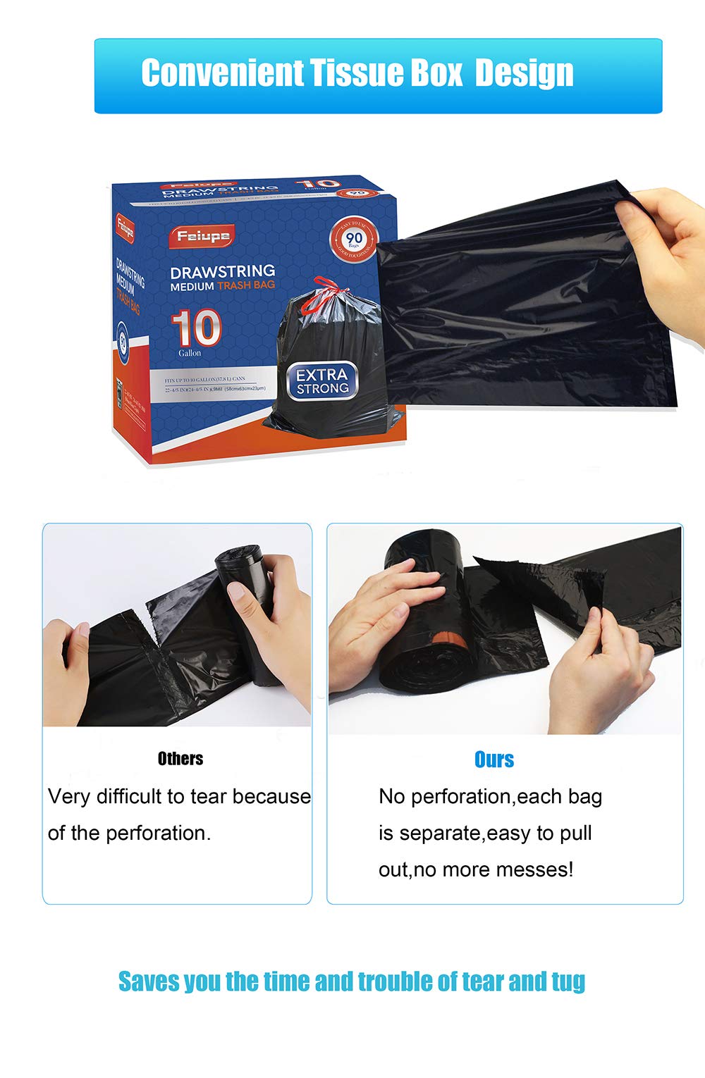 10 Gallon Drawstring Trash Bags - 90 Count Heavy Duty 0.9 Mil Garbage Can Liners for Kitchen, Bathroom & Office Waste Bins - Black (10 Gal) - Perfect for Home, Commercial & Outdoor Use