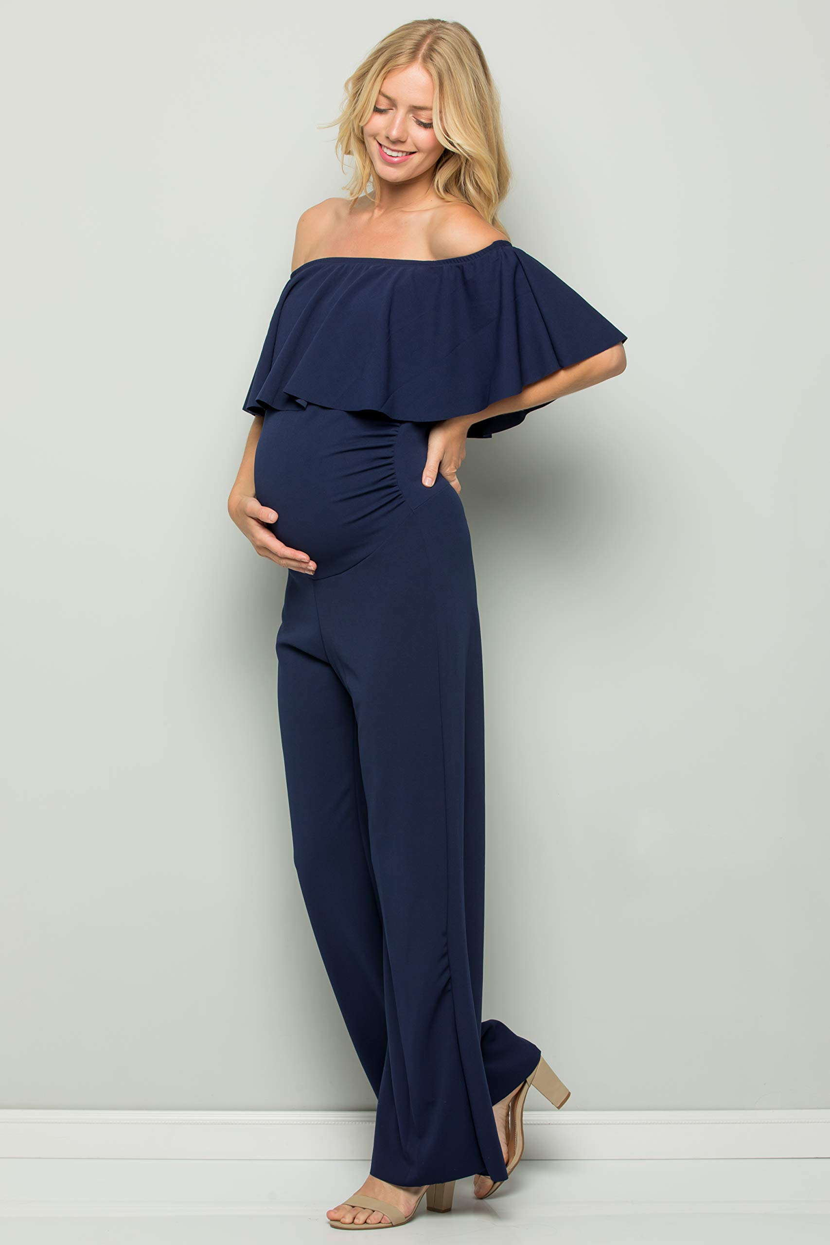 My Bump Maternity Ruffle Off Shoulder Jumpsuit - Made in USA | Comfortable Pregnancy Outfit for Baby Shower, Maternity Photos & Special Occasions