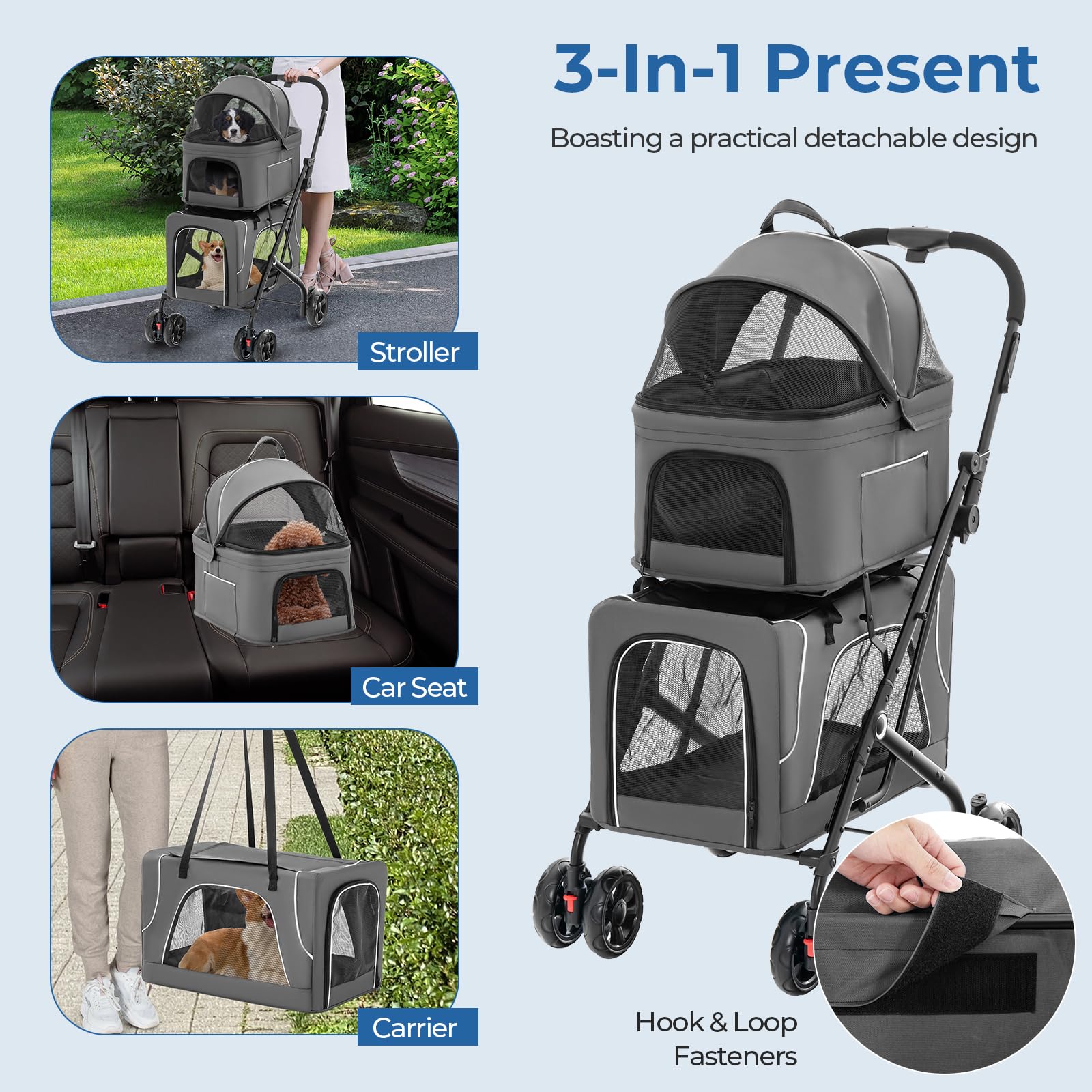Giantex Double Dog Stroller for 2 Small Medium Dogs - Foldable Pet Stroller with Detachable Carriers, Safety Belt & 4 Lockable Wheels | Cat & Dog Travel Carrier for Outdoor Walks, Park Visits & Vet Trips (Gray)