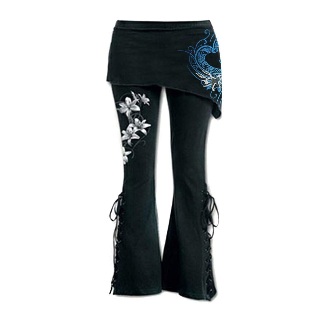Sexy Flare Jeans for Women - Floral Print Bell Bottom Jeans with Lace Up Detail | Gothic Black Bootcut Pants | Perfect for Night Out, Concert & Boho Fashion