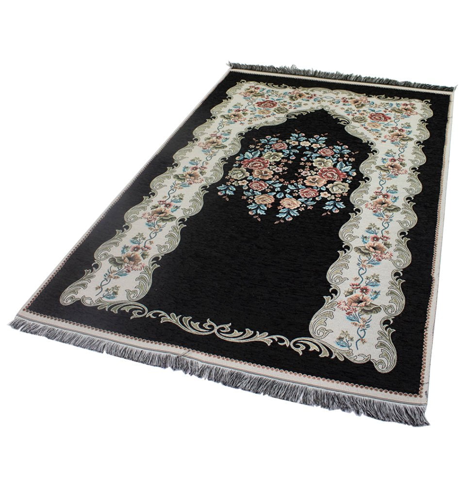 Premium Chenille Embroidered Floral Rose Islamic Prayer Rug - Soft Black Muslim Prayer Mat for Home, Mosque & Travel - Non-Slip Design for Comfortable Worship