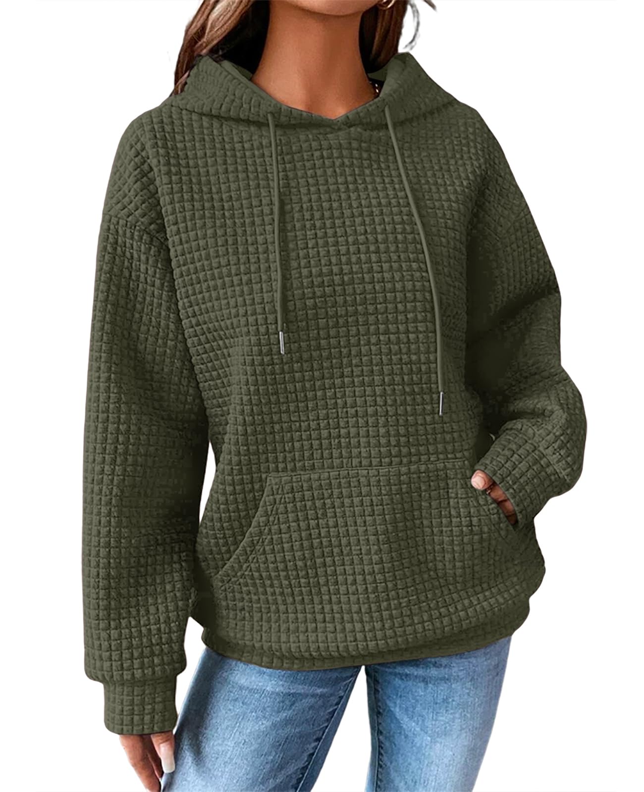 SELINK Women's Casual Pullover Hoodie - Soft Waffle Knit Long Sleeve Drawstring Hooded Sweatshirt with Kangaroo Pocket | Perfect for Lounge Wear, Outdoor Activities & Fall Fashion