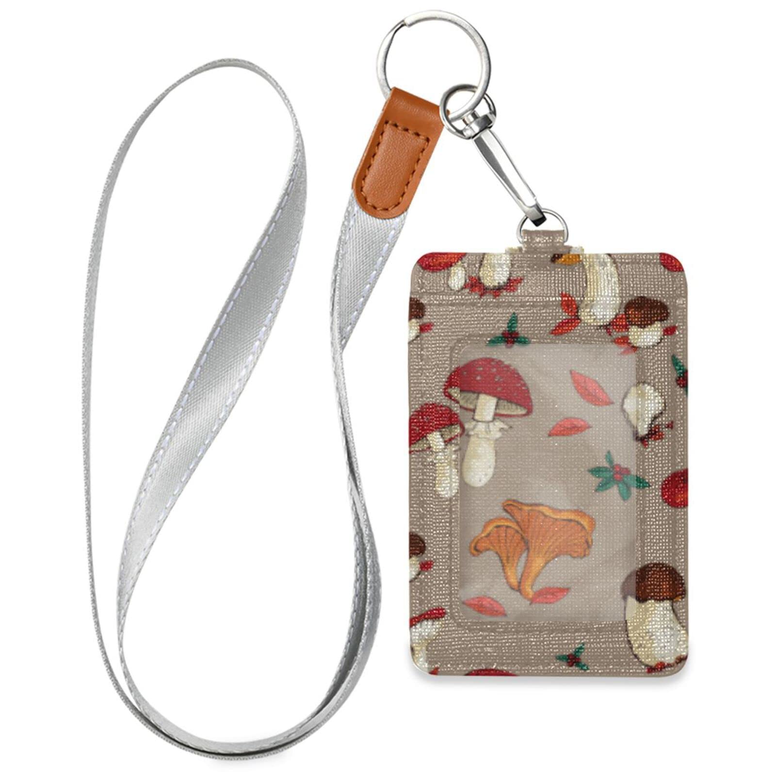 Mushroom ID Card Holder with Lanyard & Keyring - Stylish PU Leather Wallet for Work & Travel