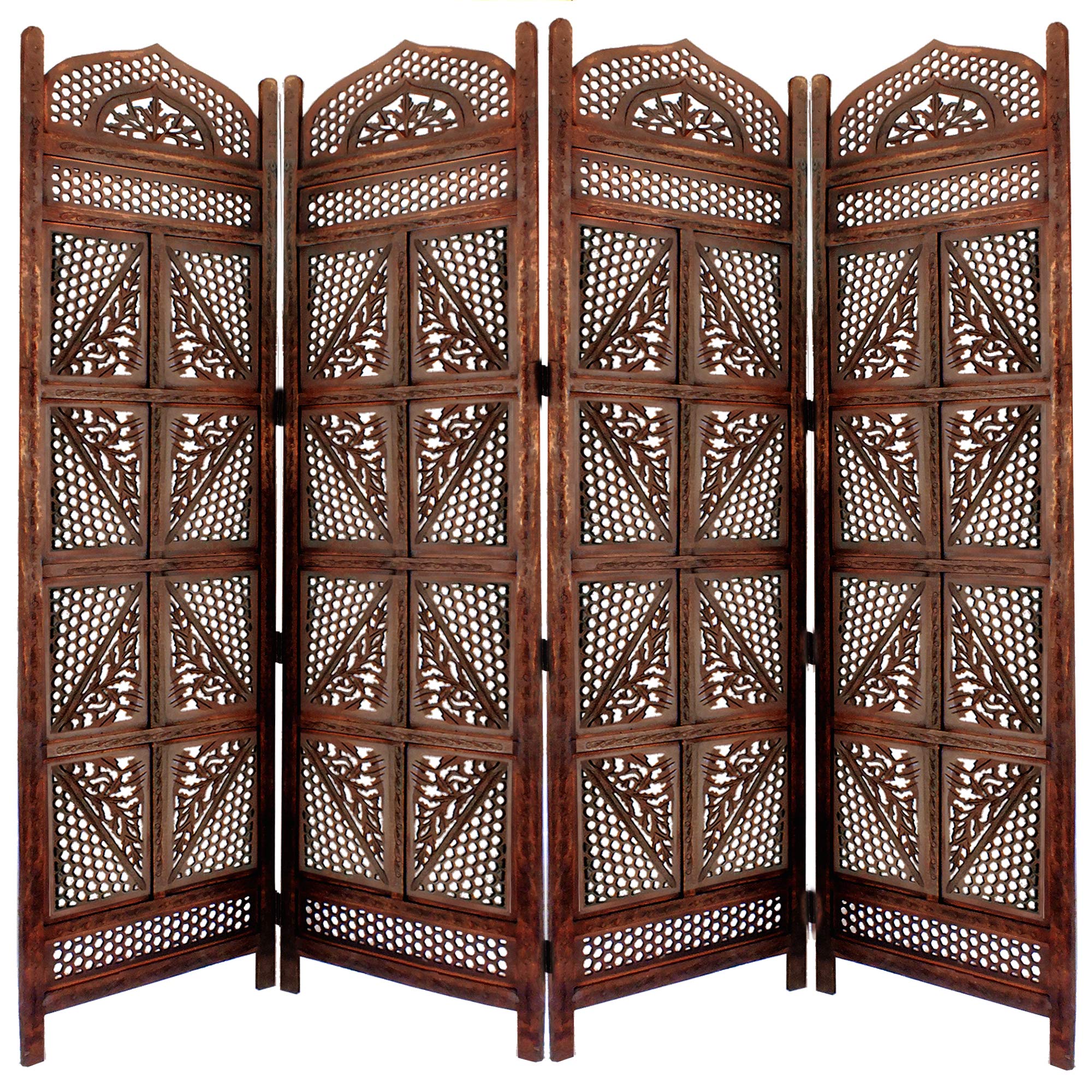 Benjara Traditional 4-Panel Wooden Room Divider with Hand-Carved Details - Antique Brown - Privacy Screen for Home, Office & Bedroom Decor