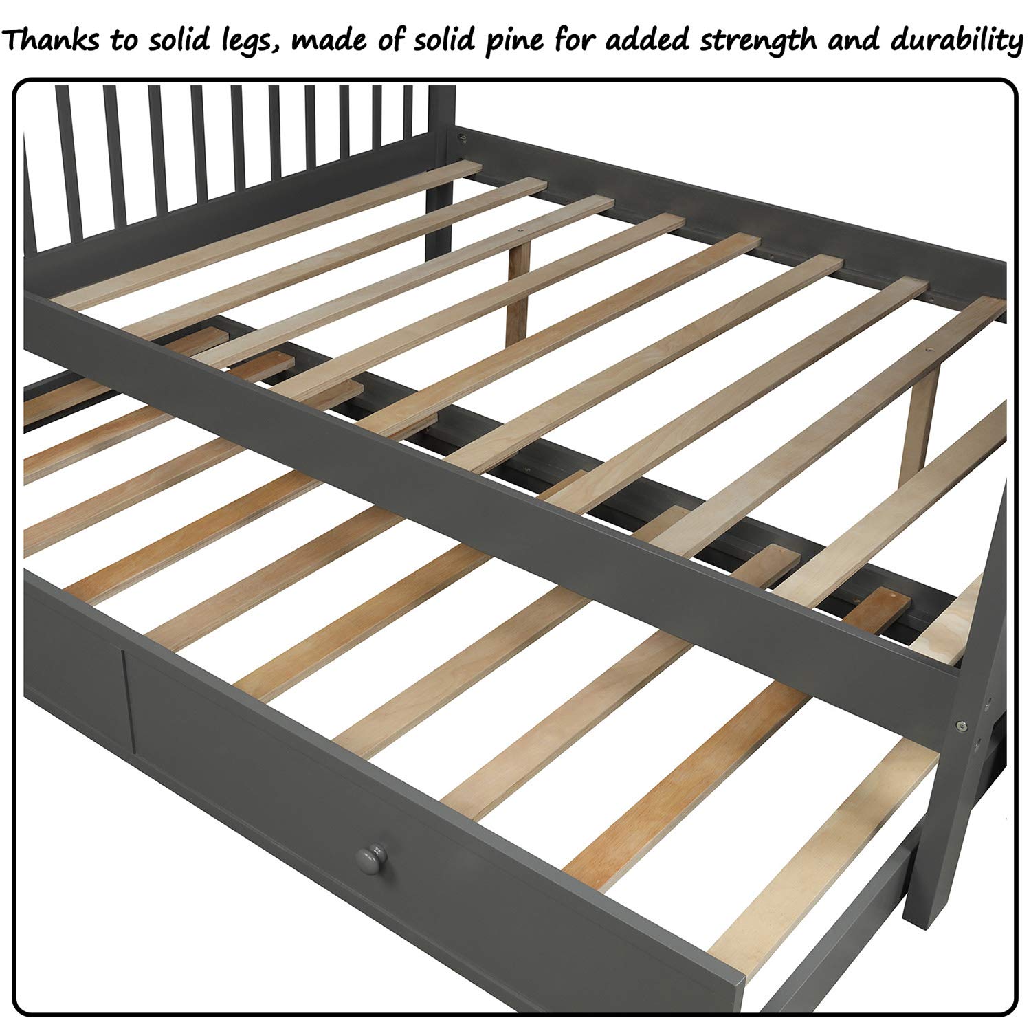P PURLOVE Twin Over Full Bunk Bed with Twin Trundle - Sturdy Bunk Bed Frame with Stairway Storage & Safety Rails - Space Saving Solution for Bedroom, Dorm, Kids Room & Small Spaces (Gray) - Perfect for Sleepovers, Guest Rooms & Shared Bedrooms