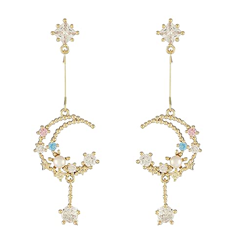 Women's Moon & Star Silver Pendant Drop Earrings with Diamond & Pearl Accents – Elegant Long Dangle Earrings for Evening Parties & Special Occasions (Multicolor, One Size)