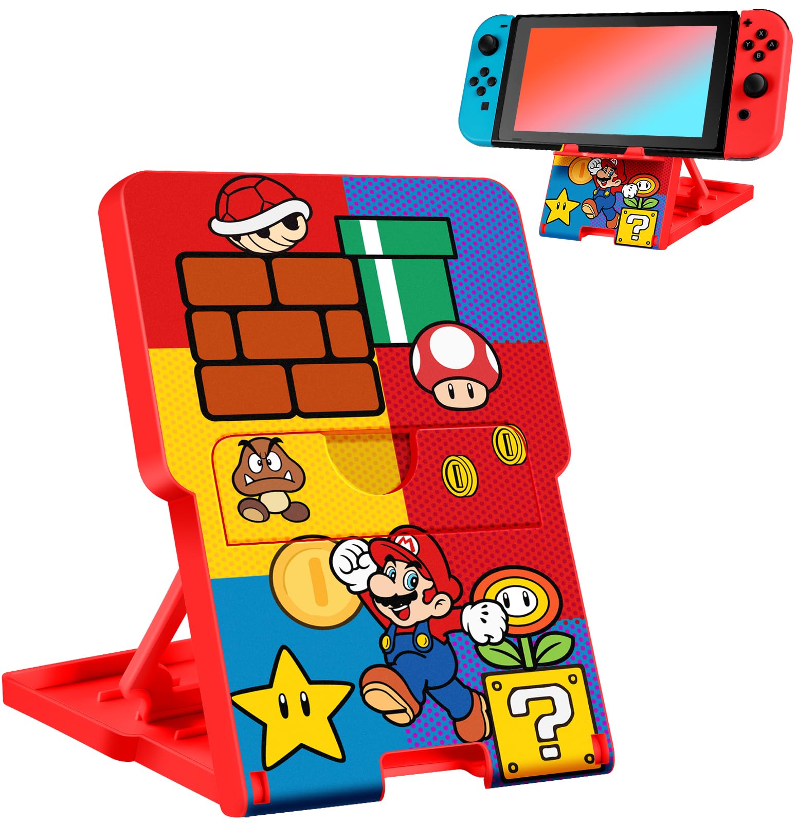 Cute Cartoon Nintendo Switch Stand - Portable Foldable Adjustable Angle Gaming PlayStand for Women, Men, Teens - Perfect for Travel, Bedroom & Living Room Gaming (Red Maro)