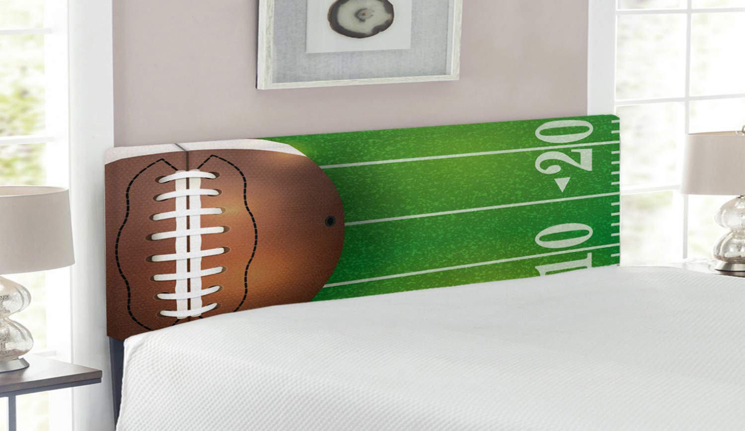 Lunarable Sports Headboard - American Football Field & Ball Realistic Design, Upholstered Decorative Metal Bed Frame with Memory Foam, Queen Size (Green/Brown) - Perfect for Sports Fans' Bedroom Decor & College Dorm Room Setup