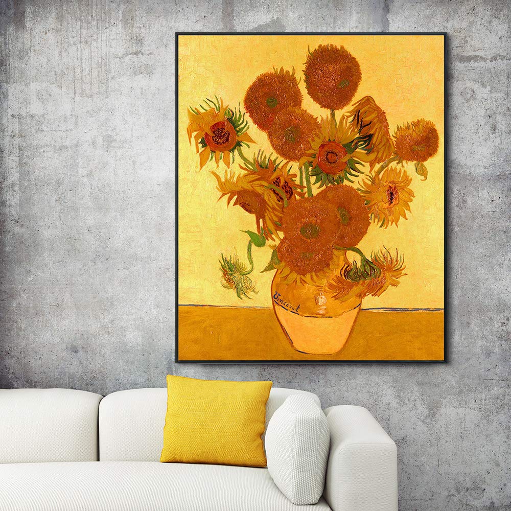 INVIN ART 100% Hand Painted Framed Canvas Wall Art - Vincent Van Gogh Fifteen Sunflowers Oil Painting Reproduction, Modern Home Decor (Black Slim Frame, 24x32 Inches) for Living Room, Bedroom & Office Decor
