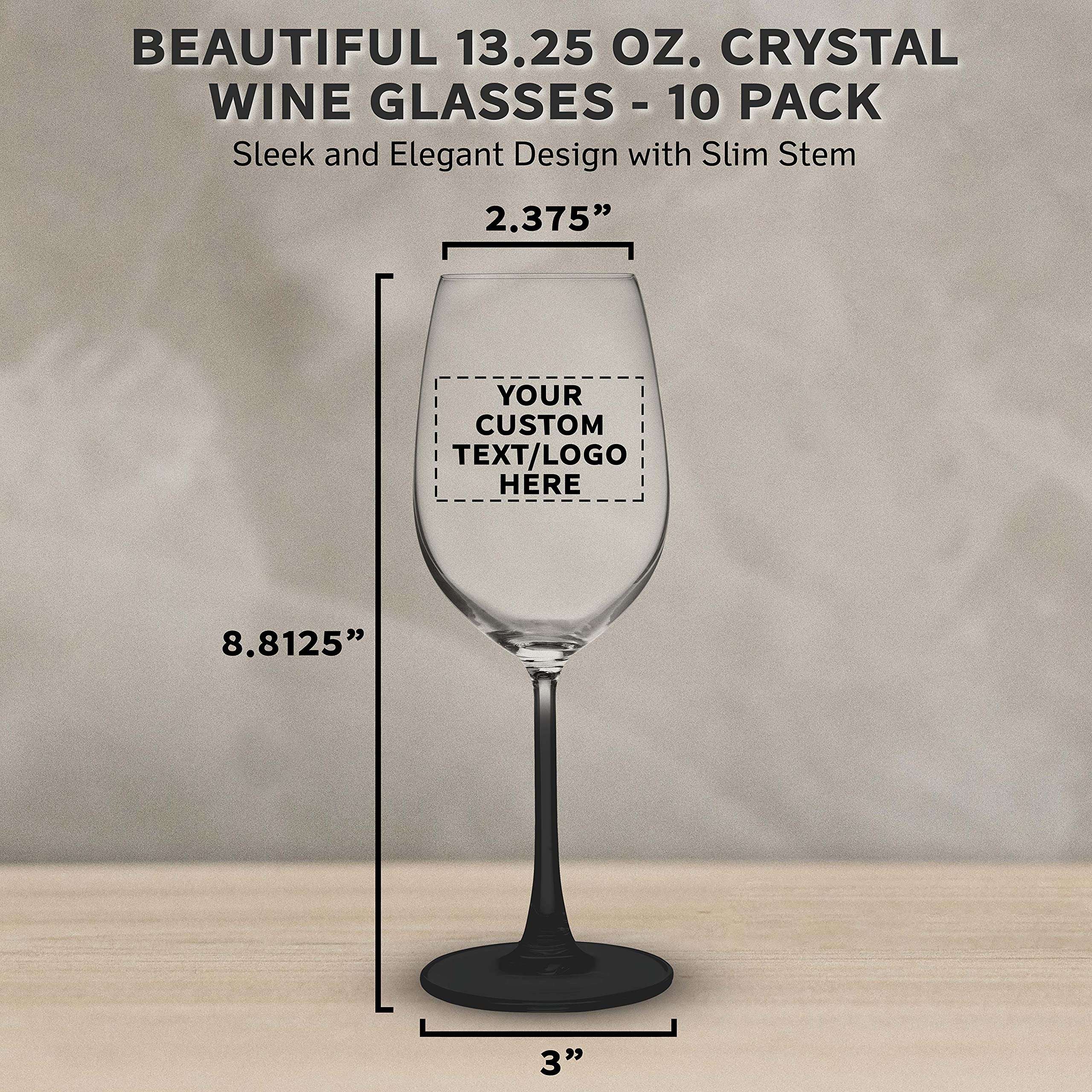 10-Piece Crystal Wine Glass Set - 13.25 oz Elegant Stemware with Custom Text/Logo - Lightweight Barware for Parties, Weddings & Home Decor (Black)