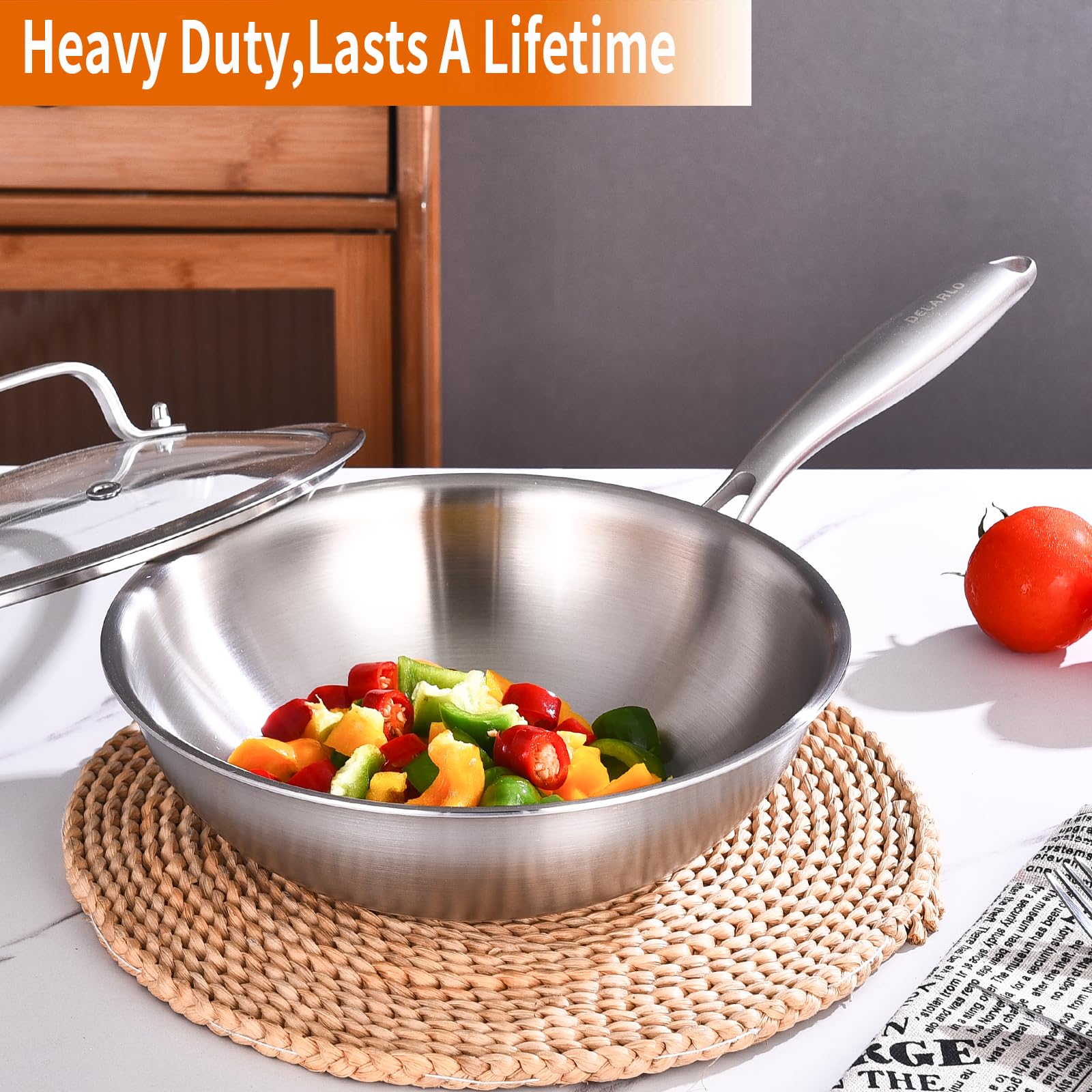 DELARLO 12.5 Inch Tri-Ply Stainless Steel Wok Pan - Induction Compatible Flat Bottom Stir Fry Pan with Glass Lid - Wide & Deep Cooking Surface for Gas, Electric & Glass Top Stoves (Up to 600°F) - Perfect for Asian Stir Fry, Sautéing, Deep Frying & Family Meals
