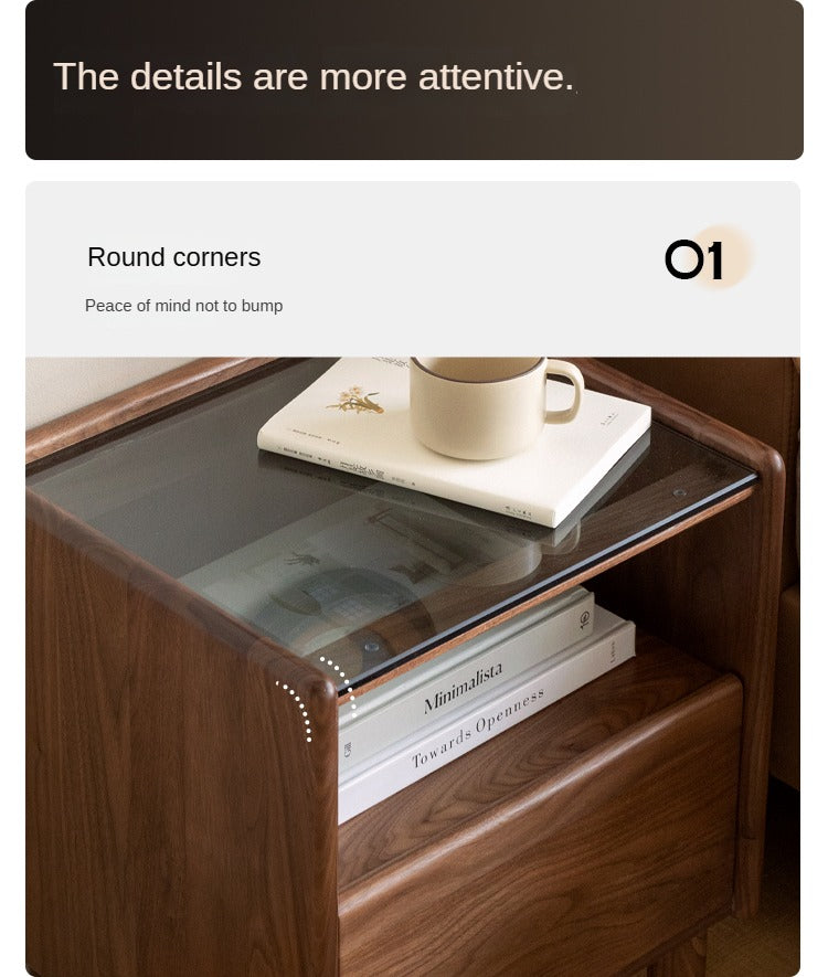 Premium Black Walnut Solid Wood Nightstand with Tempered Glass Top - Modern Bedside Table for Bedroom, Living Room, or Office Use