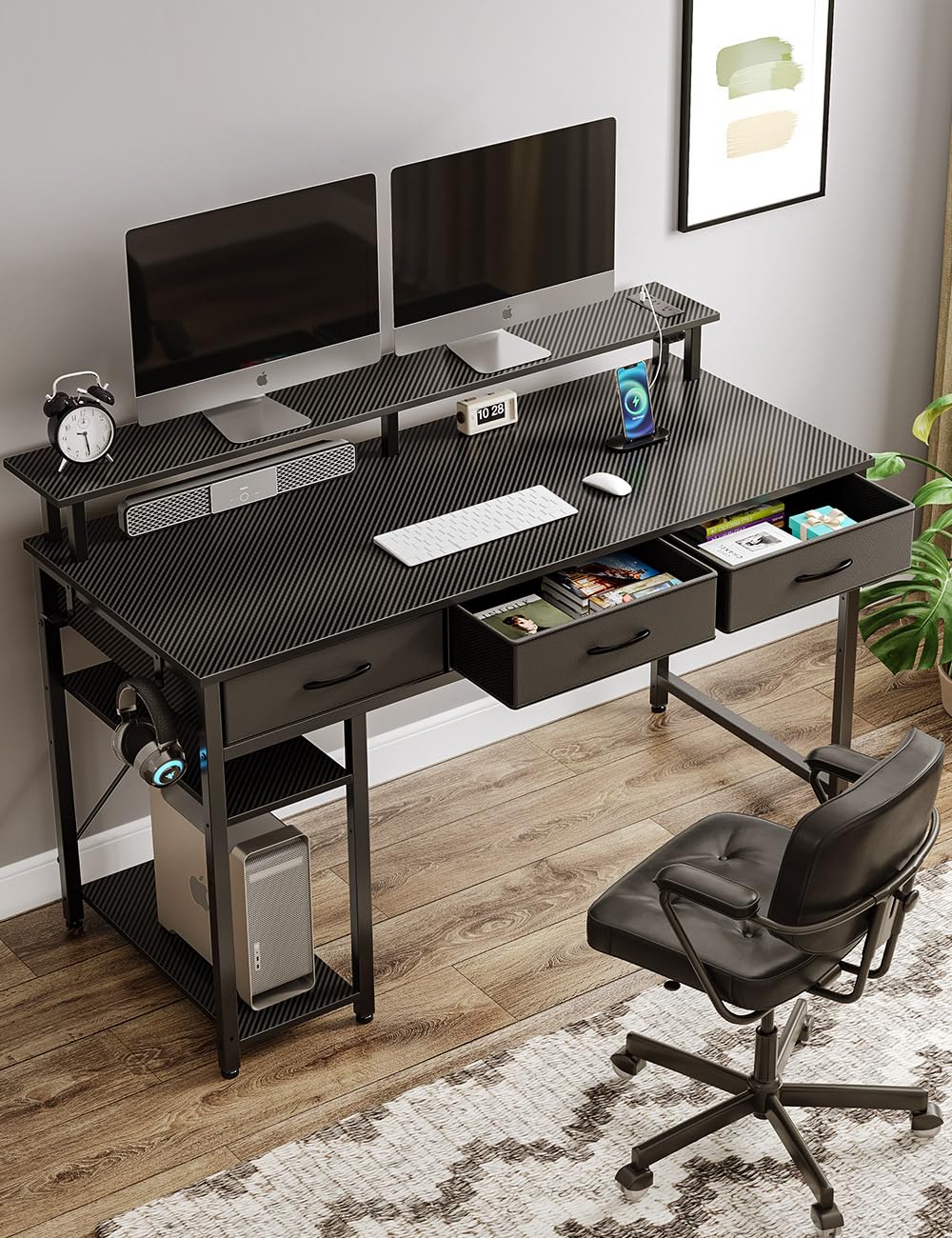Rolanstar 47-inch Modern Computer Desk with Power Outlets, LED Light & Storage - Home Office Desk with 3 Drawers, Monitor Stand & Shelves - Perfect for Remote Work, Gaming & Study - Carbon Black