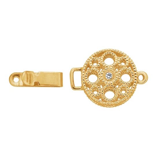 14K Solid Yellow Gold Diamond Filigree Safety Clasp - 16.2mm Round Israeli Jewelry for Necklaces & Bracelets