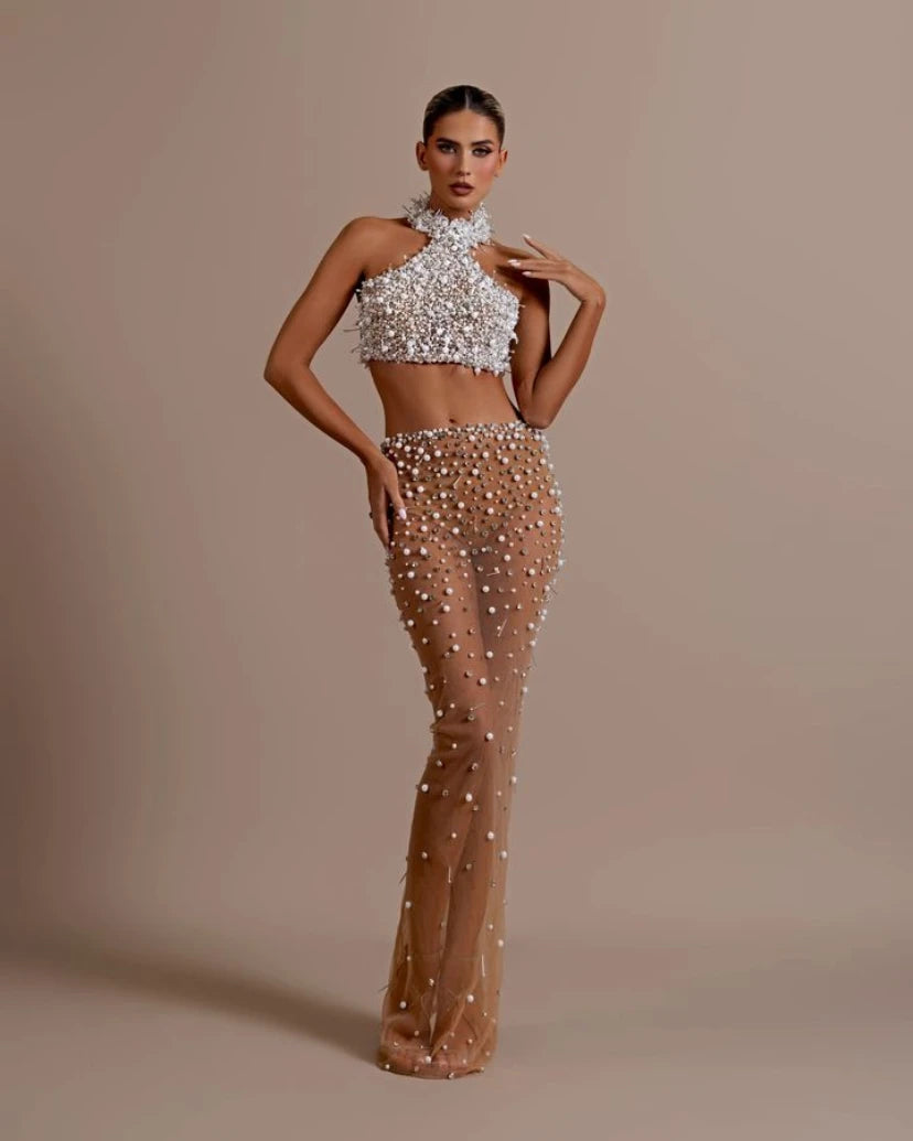 Sexy Off-Shoulder Pearl Beaded Bodycon Dress - 2 Piece Mesh Long Dress for Women, Nightclub Party & Evening Celebration Outfit | Perfect for Club Nights, Date Nights & Special Occasions