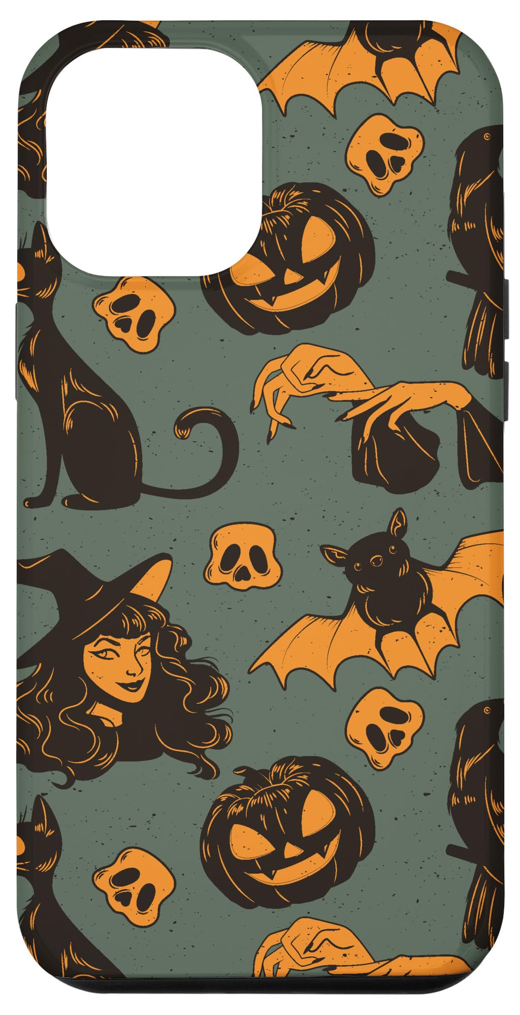 Vintage Halloween iPhone 12 Pro Max Case - Pumpkin Cat Ghost Witch Bat Design | Protective Phone Cover for Trick or Treat, Costume Parties & Spooky Season