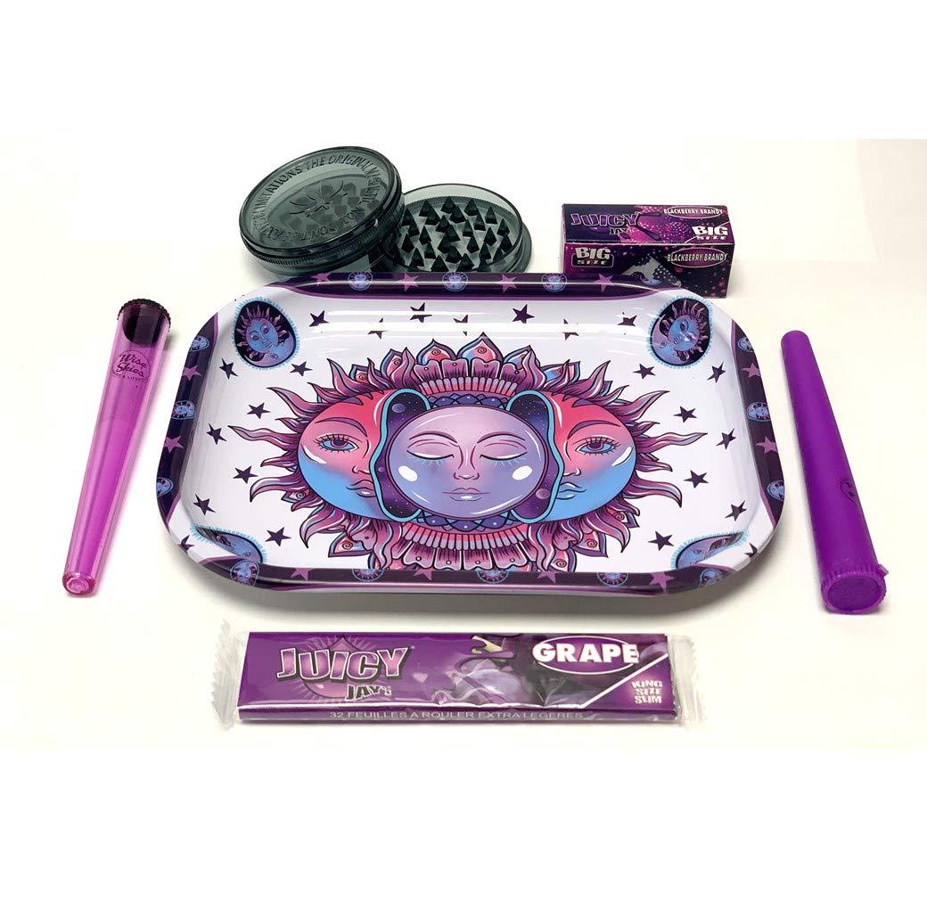 Wise Skies Purple Bohemian Rolling Tray Set - Premium Herb Rolling Tray with Storage for Smoking Accessories - Perfect for Rolling Papers, Grinders & Stash Box Organization (Boho Style)