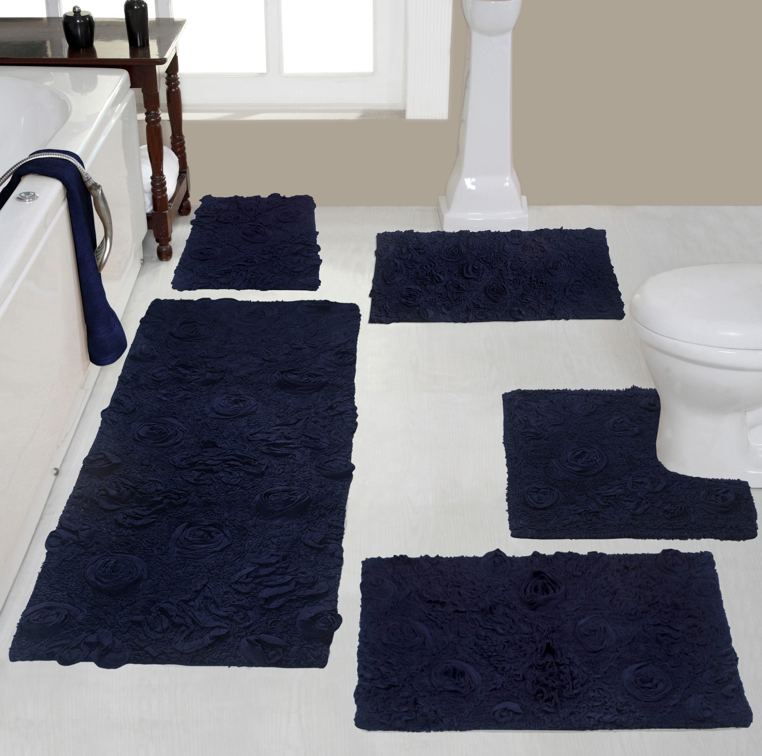 Premium 100% Cotton Bath Rug Set - 5 Piece Non-Slip, Washable & Super Absorbent Bathroom Mats for Bathroom & Kitchen Floor - Soft Contour Design in Navy Blue - Perfect for Bathroom Safety & Home Decor
