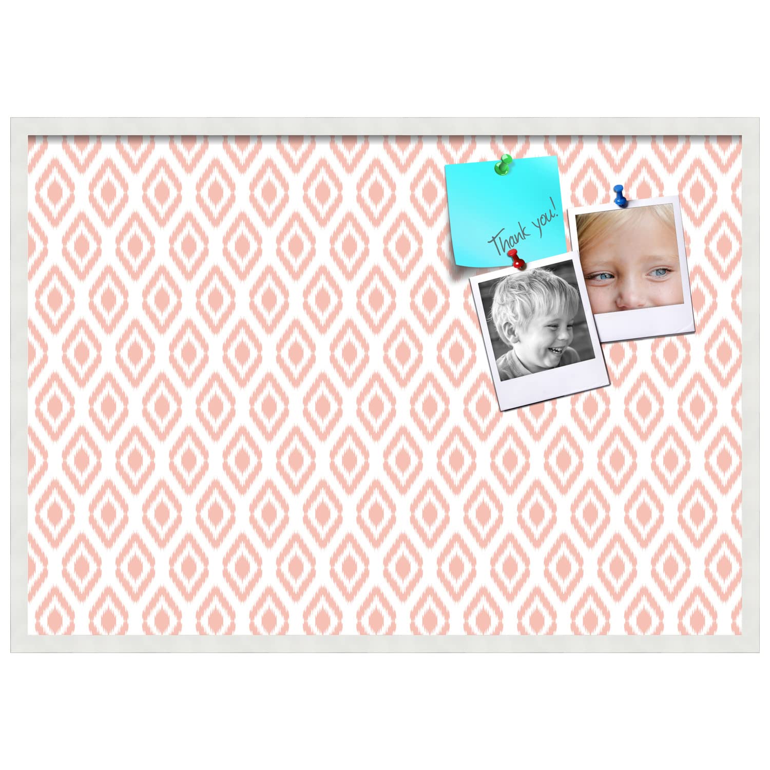 PinPix 40x28 Inch Cork Bulletin Board with Ikat Grapefruit Design & Satin White Frame - Decorative Wall Organizer for Home Office, School Classroom, Dorm Room & Workspace - Perfect for Notes, Photos, Reminders & DIY Projects (PinPix-1632)