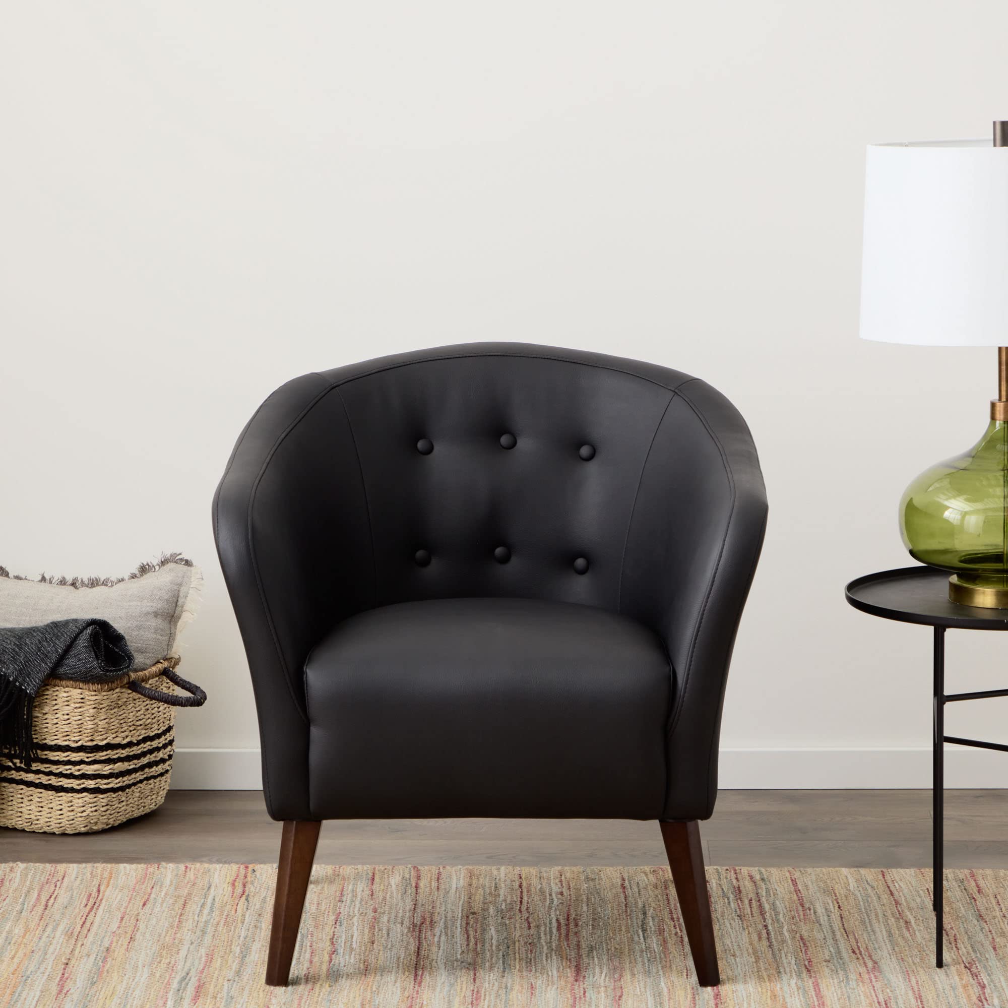 Edenbrook Collins Button Tufted Barrel Chair with Wood Legs - Black Faux Leather Upholstered Tub Chair for Living Room, Bedroom, or Office - Perfect Accent Seating for Home Decor