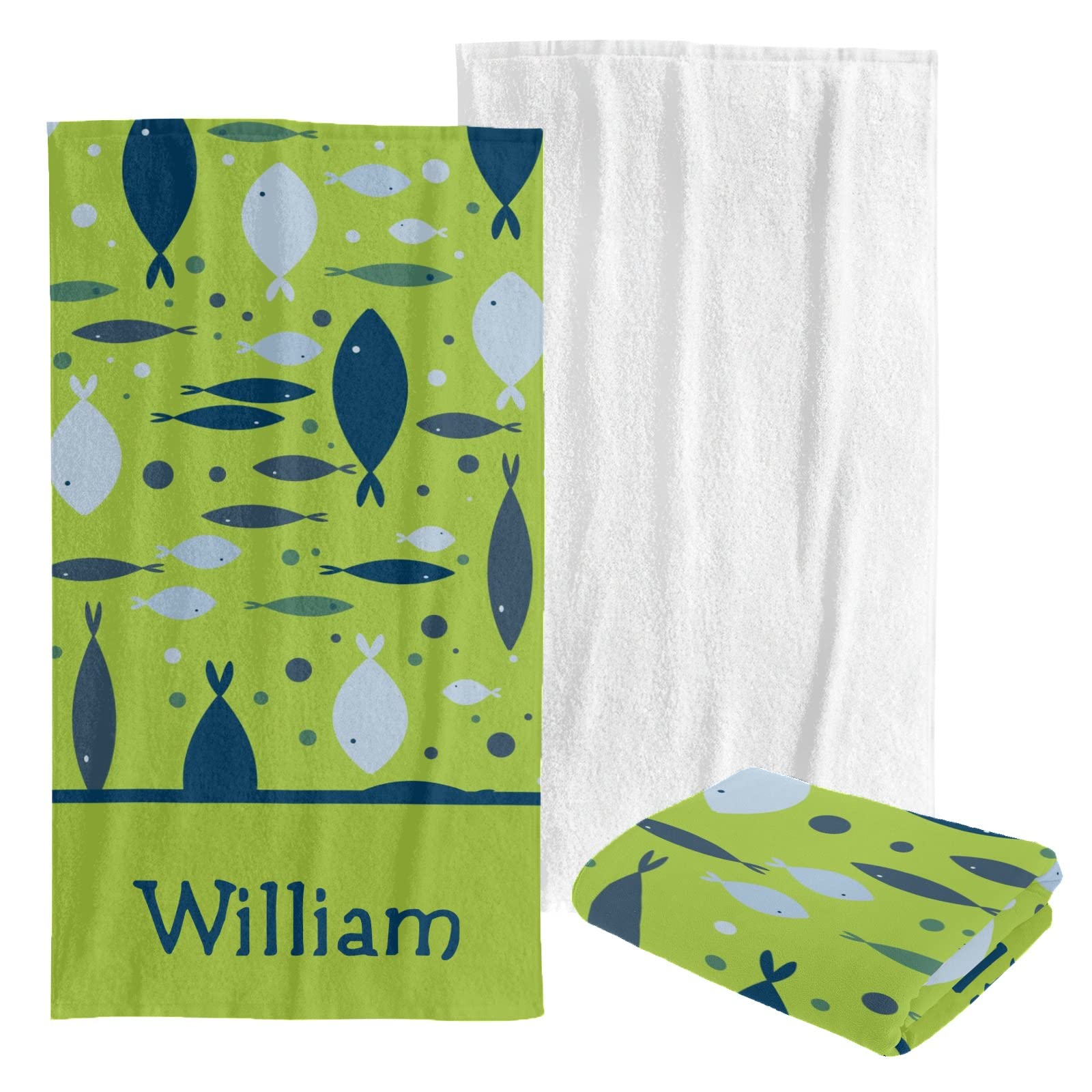 Custom Personalized Beach Towel - Soft Quick-Dry Bath Towel Blanket for Swimming, Sunbathing - Fish Pattern Green for Kids, Men, Women - Perfect for Pool, Beach, Vacation & Outdoor Activities