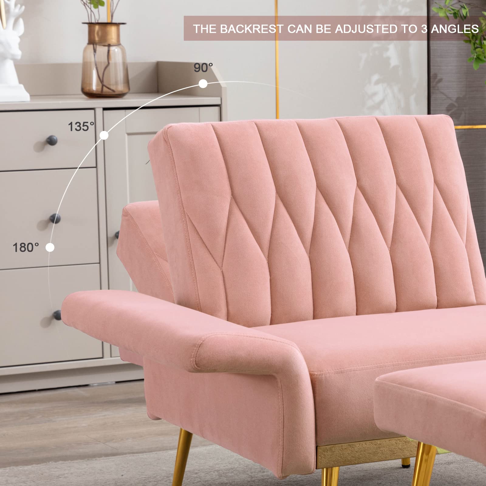 Velvet Tufted Lounge Chair with Ottoman - Adjustable Armrests for Living Room, Bedroom & Office (Pink)