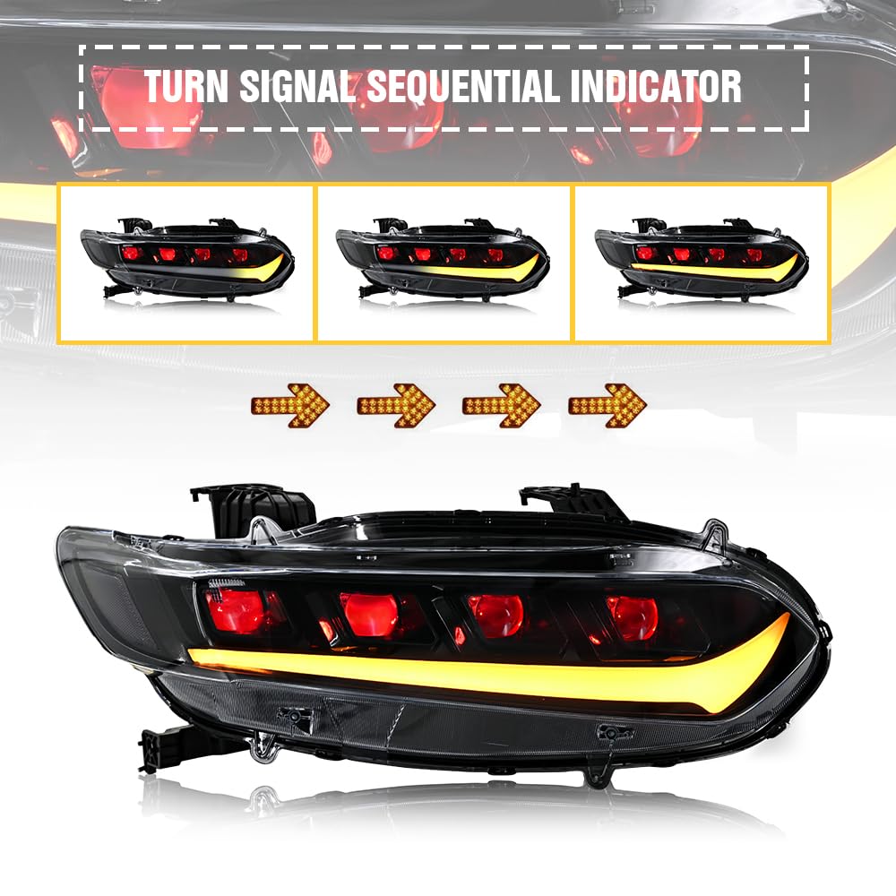 2018-2022 Honda Accord Headlight Assembly - Compatible with Sport EX LX Touring Hybrid Models | 10th Gen Sequential LED Headlamps with Custom Front Replacement | Perfect for Night Driving & Car Upgrades (H2)