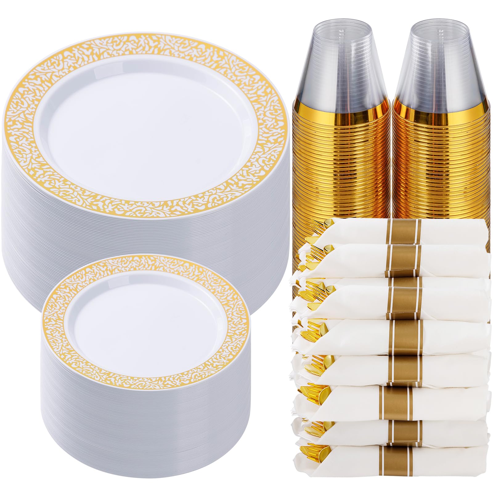 Goodluck 350-Piece Gold Plastic Dinnerware Set for 50 Guests - Disposable Elegant Lace Plates, Dessert Plates, Silverware & Cups - Perfect for Thanksgiving, Weddings, Parties & Special Events