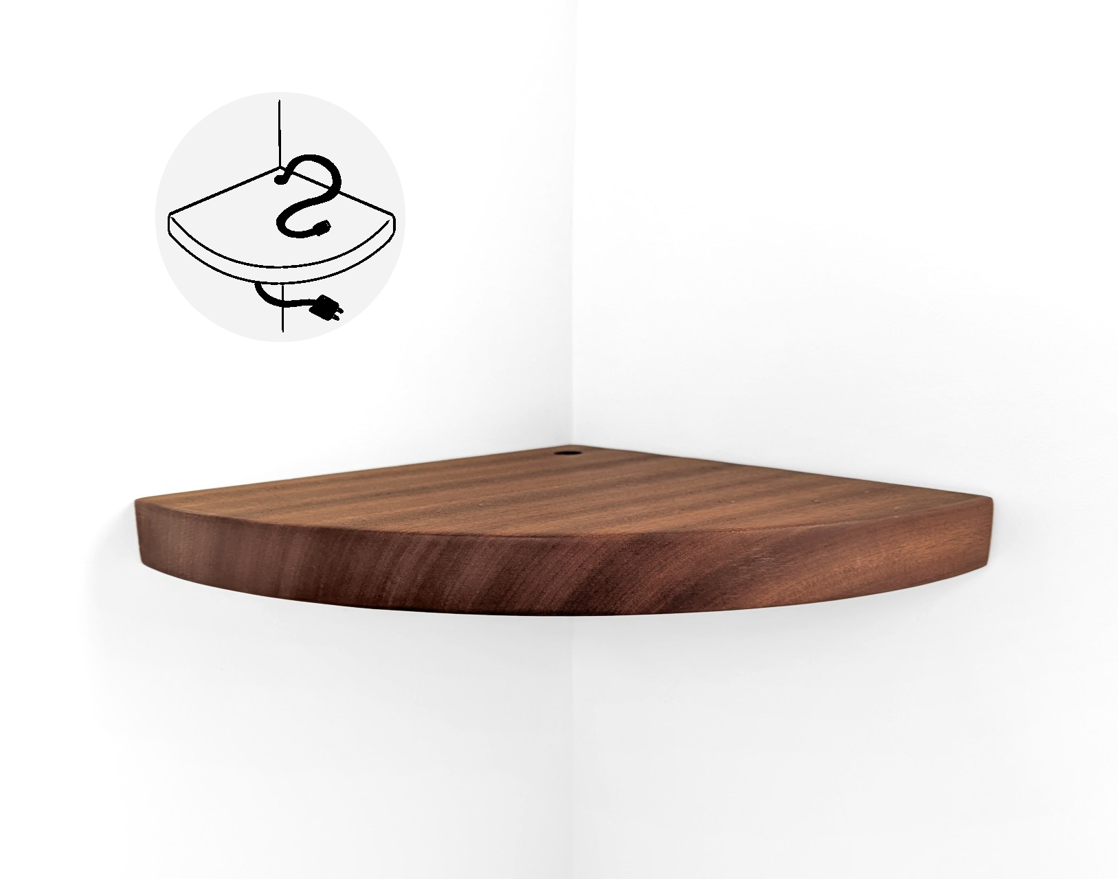 Mahogany Floating Corner Shelf with Cord Hole - Perfect for Bathroom, Kitchen & Living Room Storage