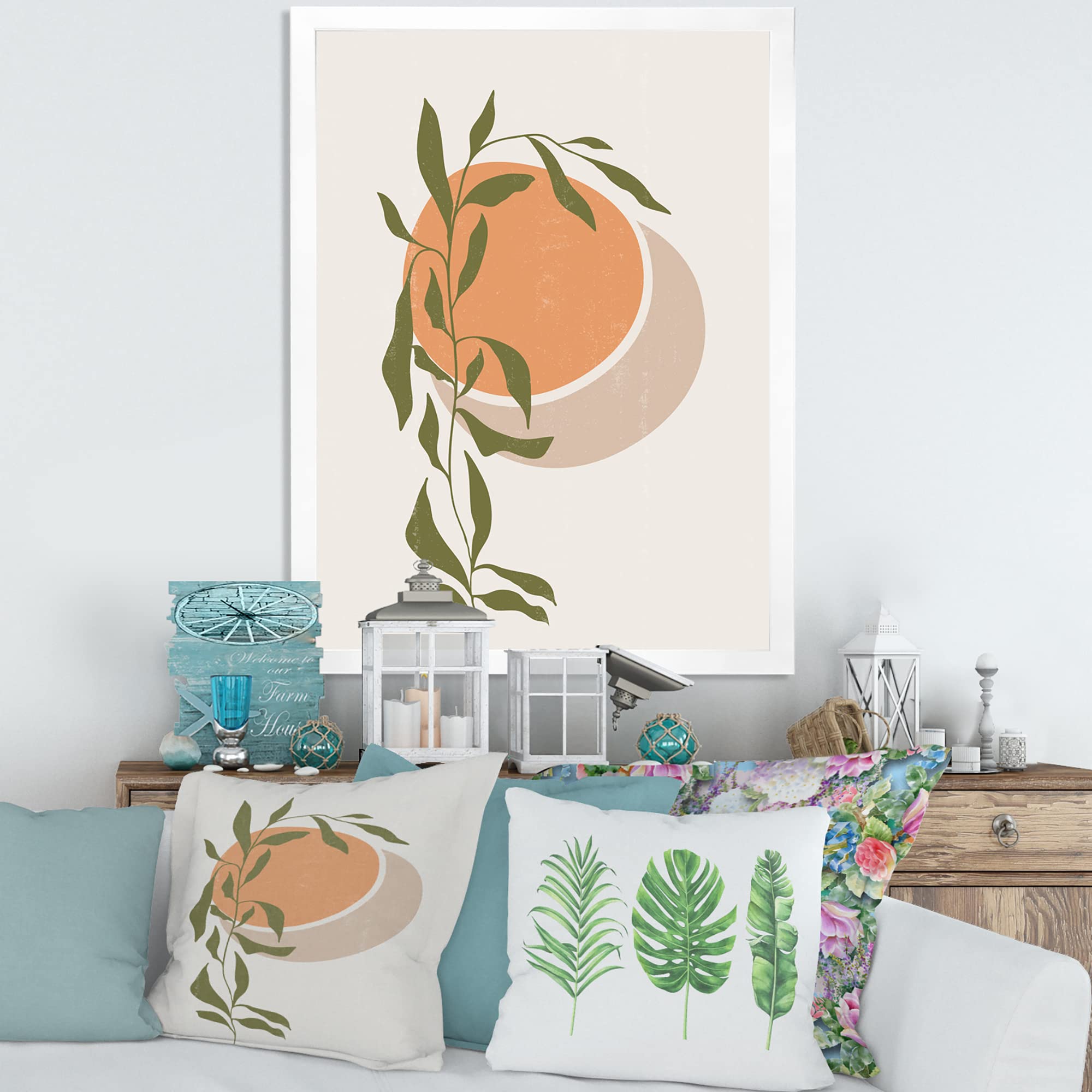 Abstract Orange Sun and Moon Tropical Leaf Modern Framed Wall Art - Home & Office Decor for Living Room, Bedroom, or Gift