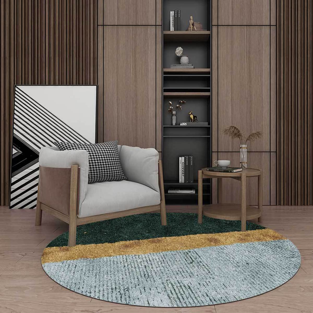 Modern Abstract Geometric Area Rug - 6ft Round Forest Green Washable Rug for Living Room, Bedroom, Home Office, Entryway | Retro Coffee Table Mat, Dining & Kitchen Runner | Funky Circle Rug for Home Decor & Cozy Spaces