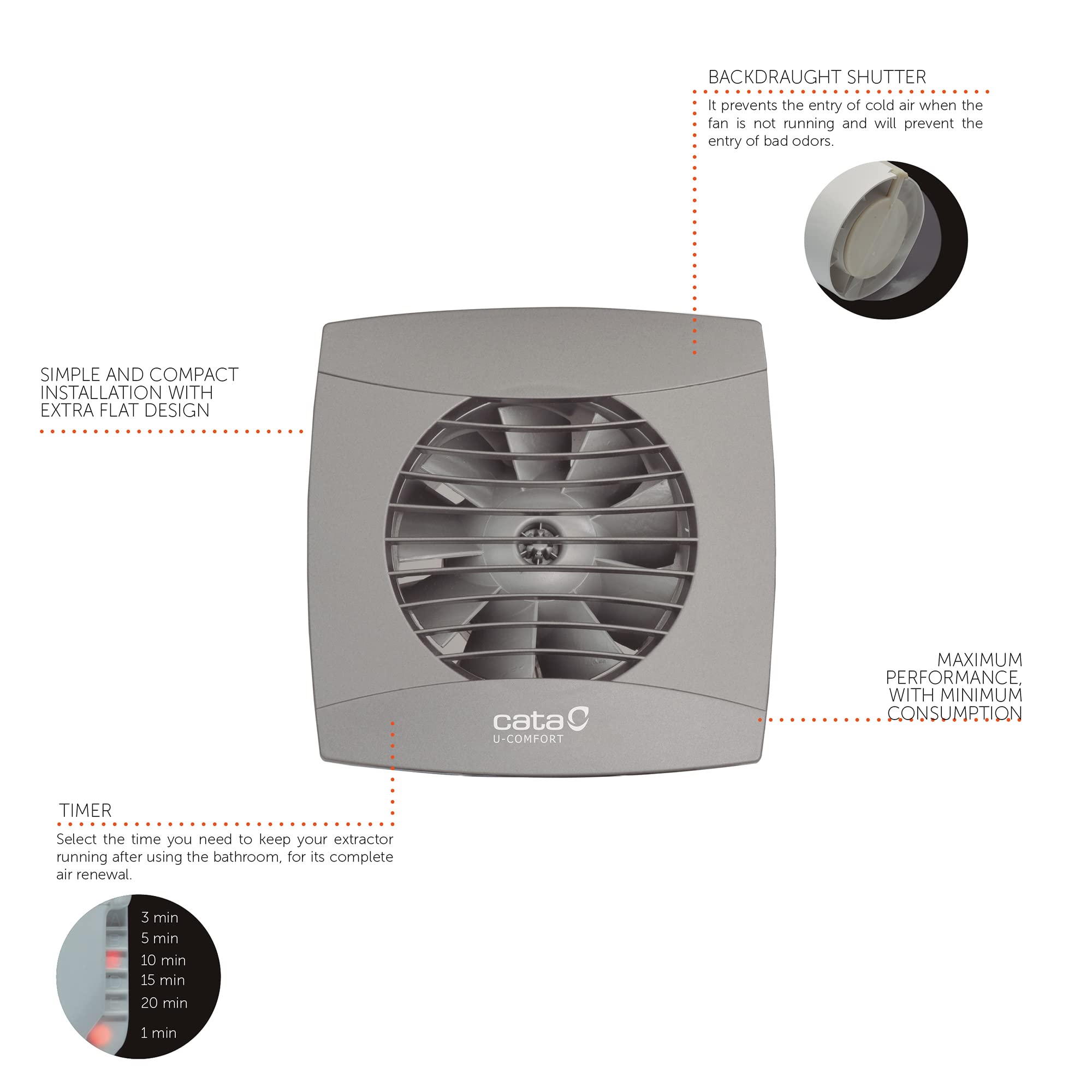 Cata UC-10 Bathroom Timer Extractor Fan - Silver | Energy Efficient Ventilation for Bathrooms & Kitchens | Perfect for Humidity Control & Odor Removal