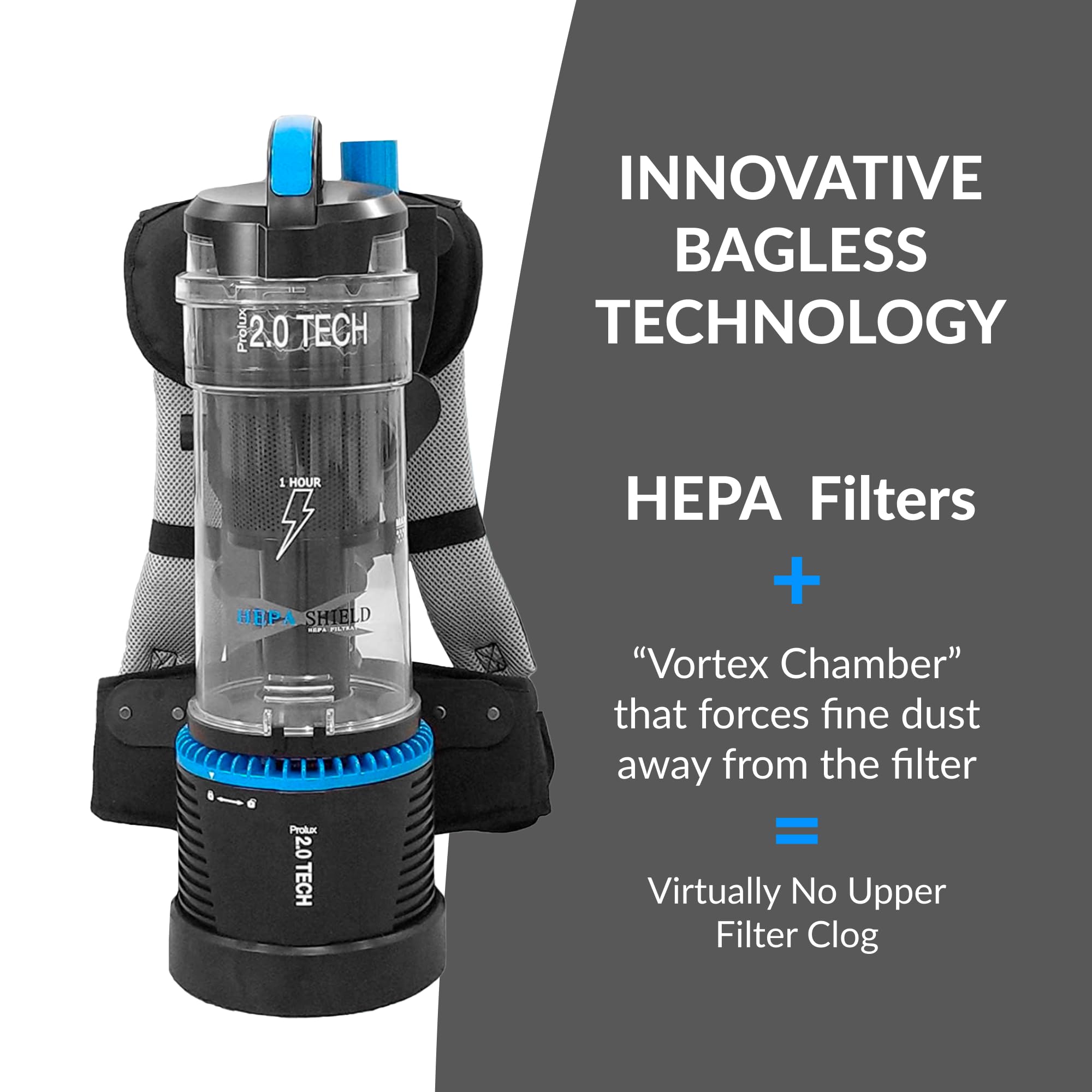**Prolux 2.0 Cordless Bagless Backpack Vacuum Cleaner with Dual HEPA Filtration & Accessory Kit - Lightweight, Powerful Cleaning for Home, Office & Car**