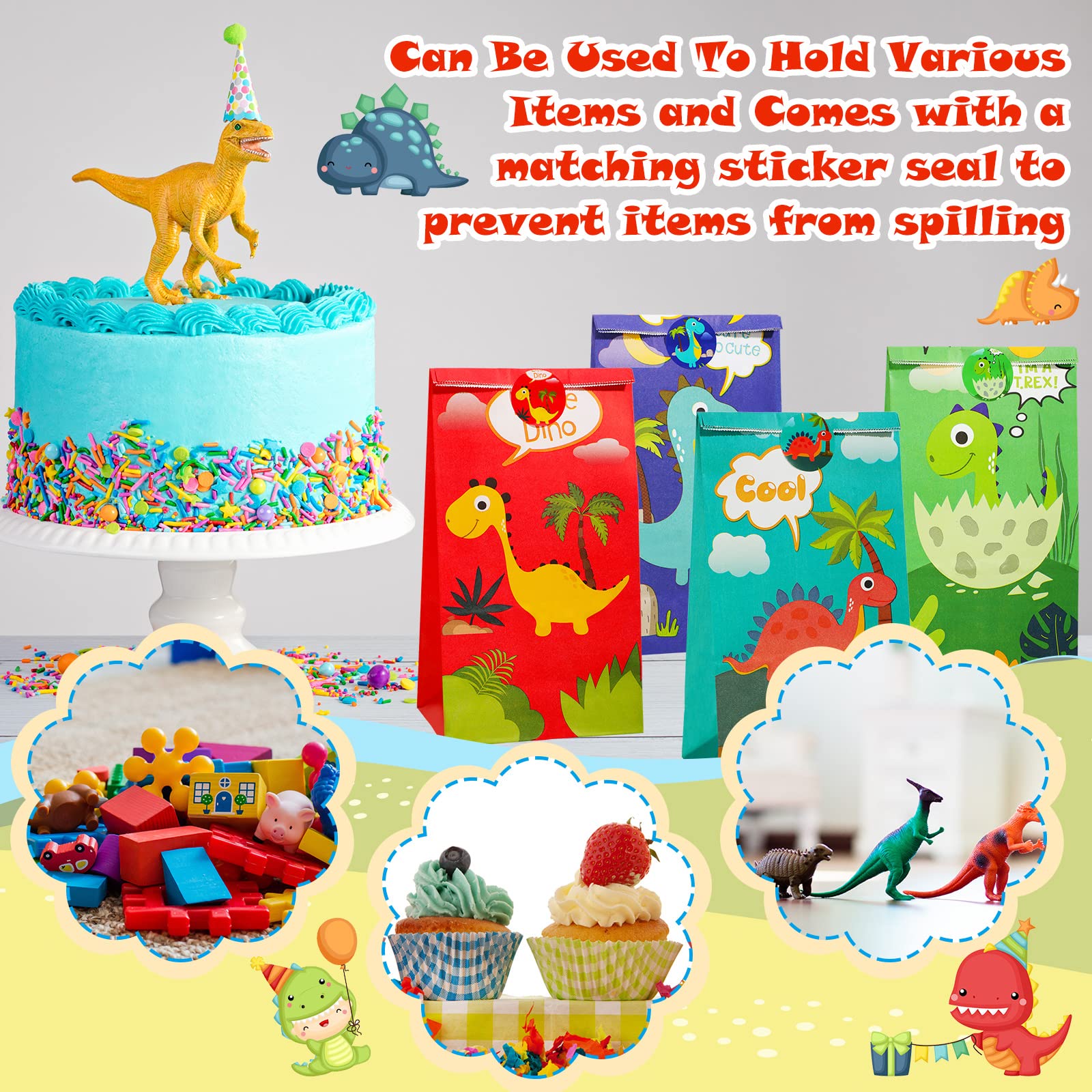 30 Pack Dinosaur Party Favor Bags with Matching Stickers - Dino Themed Treat Bags for Kids Birthday, Baby Shower & Graduation Parties - Perfect for Candy, Goodies & Small Gifts (Classic Design)