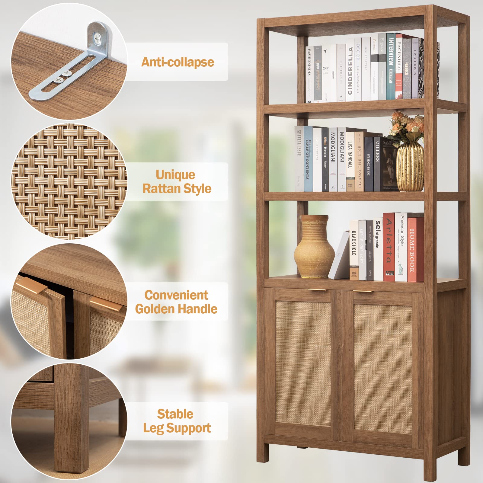 5-Tier Rattan Boho Bookshelf with Doors - 71