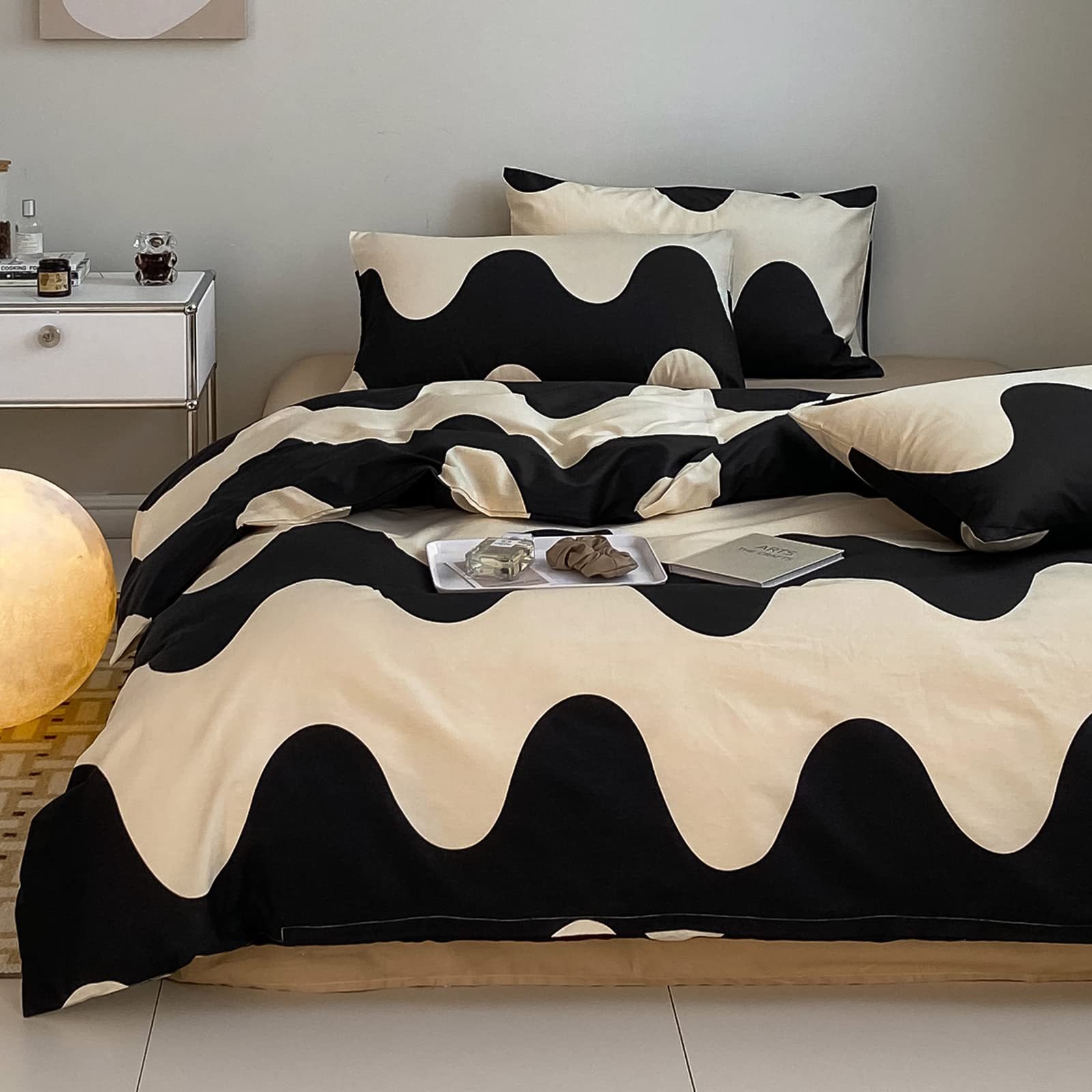Modern Geometric Duvet Cover Set Twin - 100% Cotton Bedding with Cream White Black Cows Pattern - 3 Piece Comforter Cover for Single Bed | Perfect for Kids' Rooms, Guest Bedrooms & Contemporary Home Decor