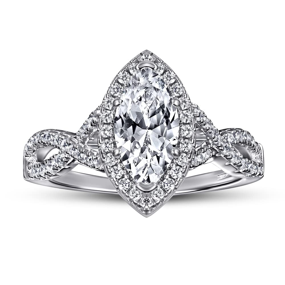 1.5 Carat Marquise Halo Moissanite Engagement Ring for Women - 10K/14K/18K White Gold or Platinum Plated Silver - Custom Text Engraving - Perfect Wedding & Anniversary Gift for Her - Ideal for Proposals, Vow Renewals & Special Occasions