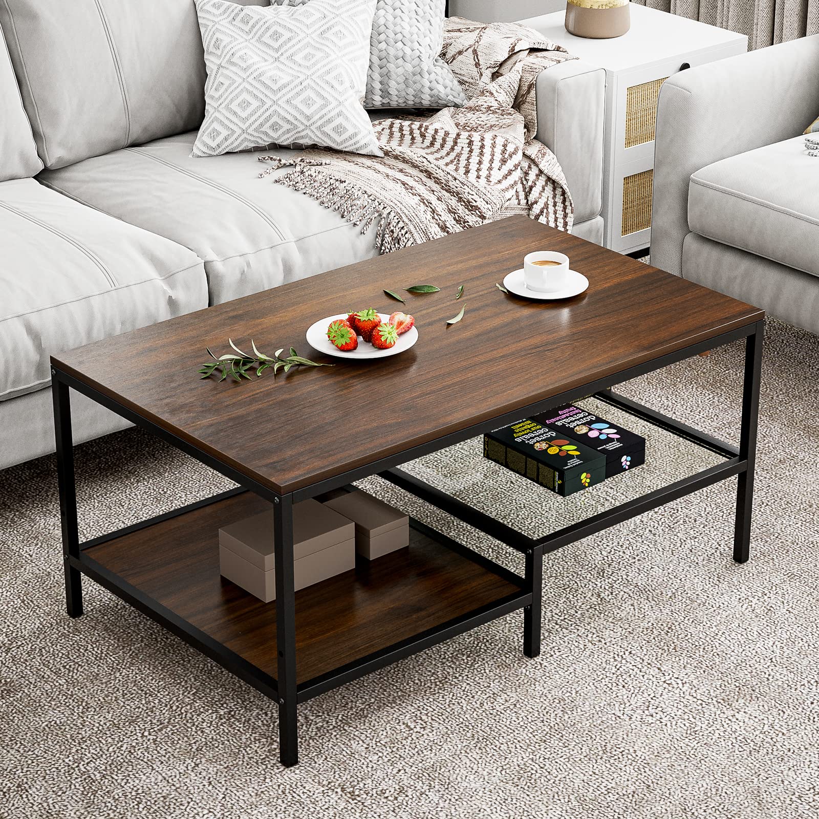 IKIFLY Industrial Rectangular Coffee Table - Metal Frame with 2-Tier Adjustable Storage Shelves, Rustic Brown Cocktail Table for Living Room, Office & Dorm | Perfect for Small Spaces, TV Lounge & Coffee Break Areas