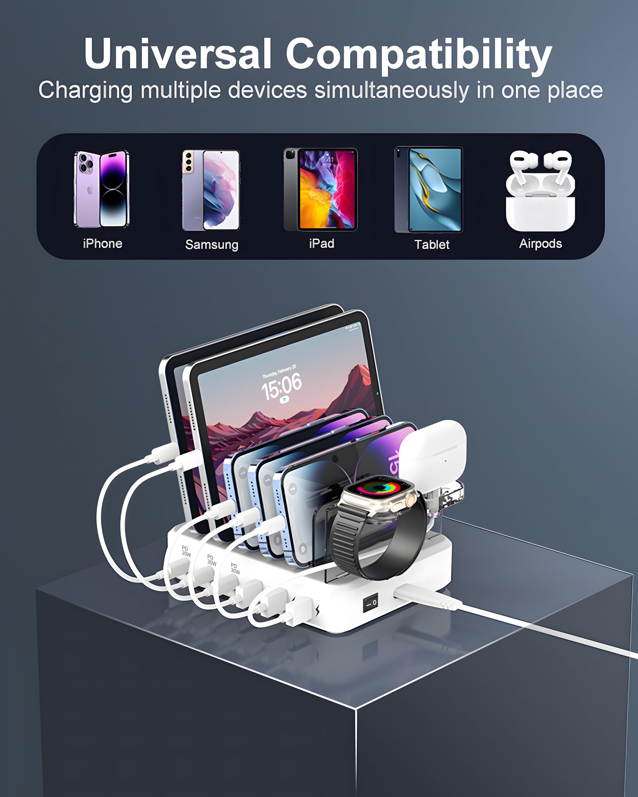 100W 6-Port USB Charging Station with 3 PD Fast Charge - for iPhone iPad Android Devices at Home/Office