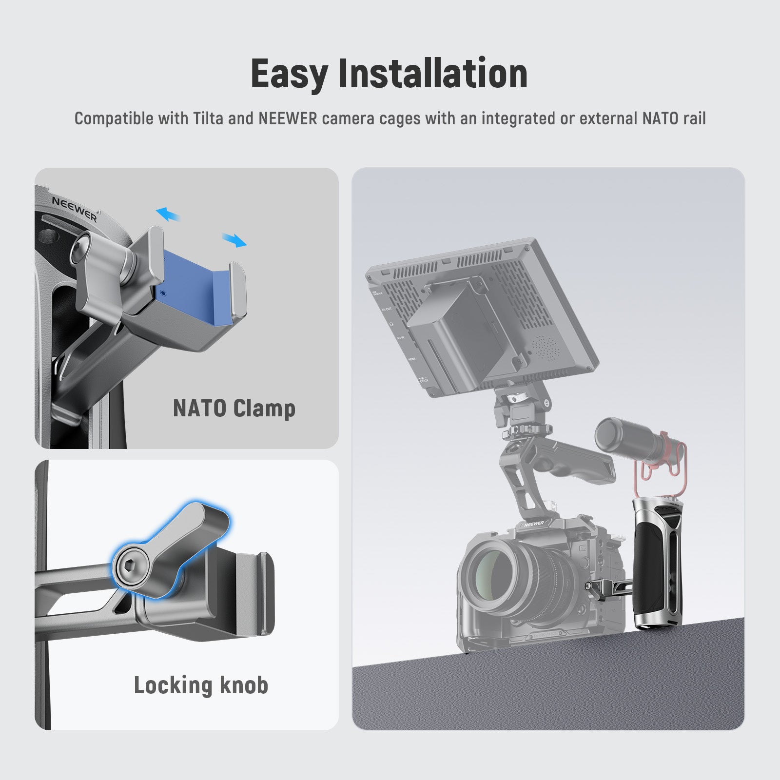 NEEWER CA125 Aluminum Alloy Camera Side Handle with NATO Rail Clamp - Perfect for DSLR, Mirrorless & Video Cameras - Professional Grip for Filmmaking & Photography
