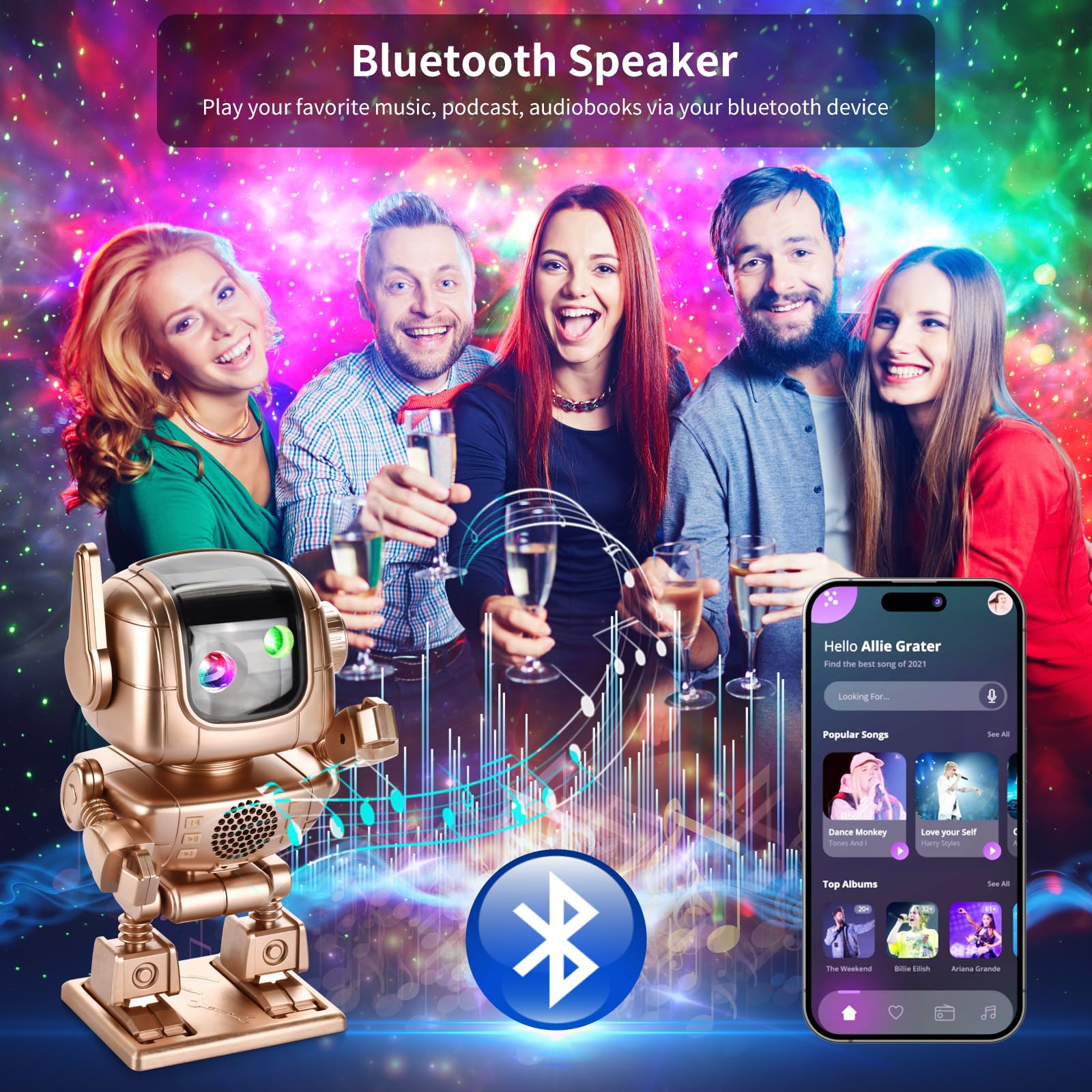 Galaxy Projector with Bluetooth Speaker & White Noise - Astronaut Star Projector LED Night Light, Adjustable 90° Rotation, Timer & Remote Control for Bedroom, Nursery, Christmas Decor & Relaxation