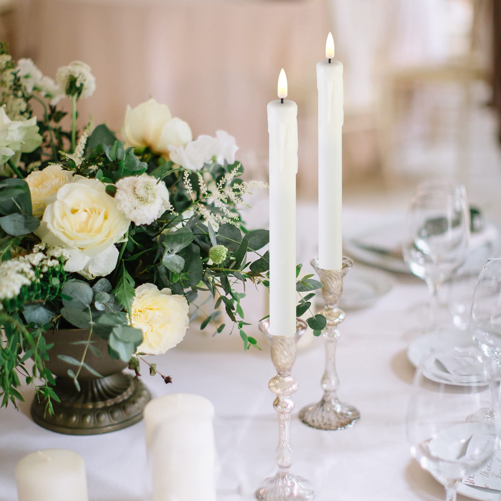 Flameless LED Taper Candles Set of 6 - White Dripping Wax Battery Operated Candlesticks with Remote & Realistic Flickering Effect - Perfect for Weddings, Home Decor, and Romantic Dinners