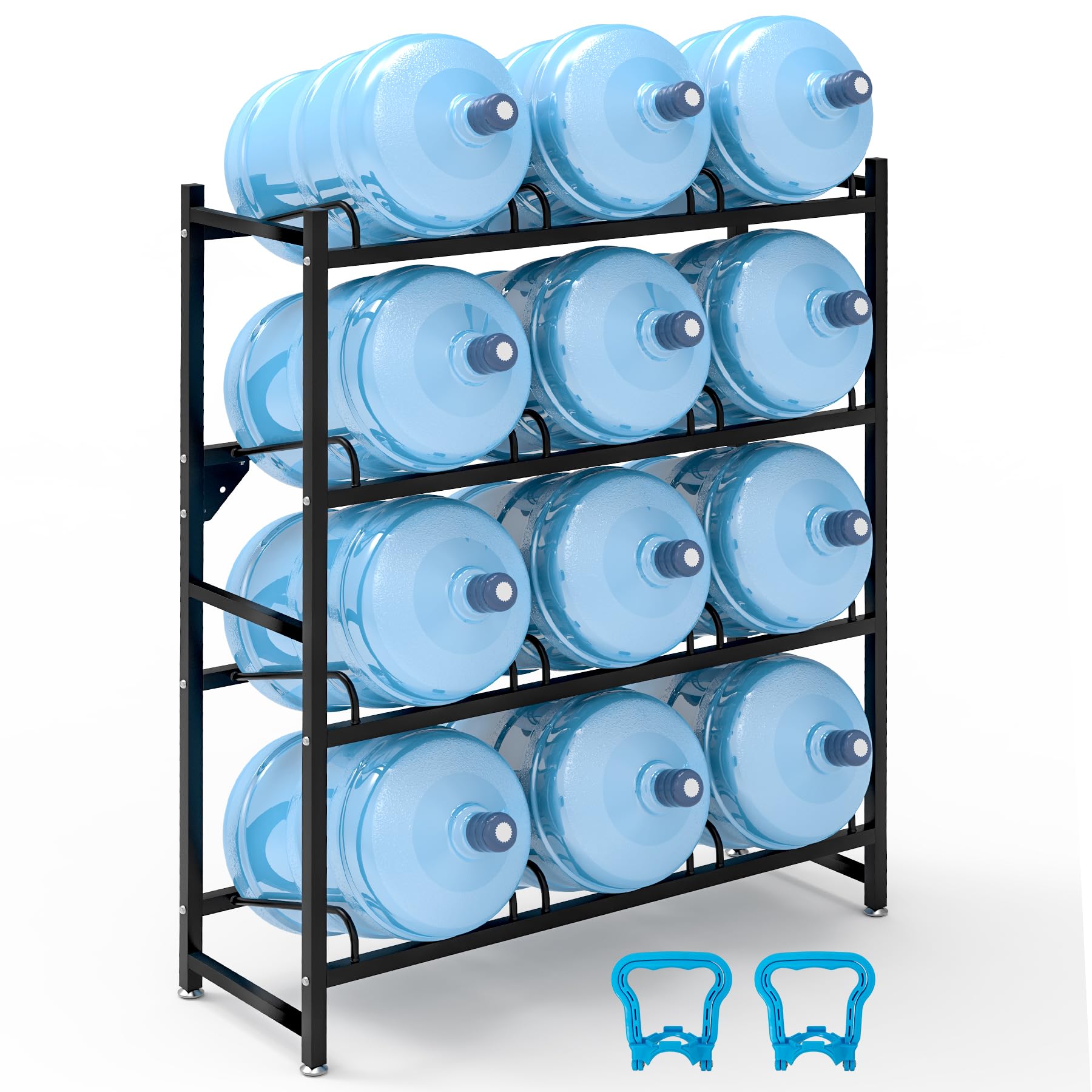 12-Tray 5 Gallon Water Jug Holder Heavy Duty Wall Mount Rack - 4-Tier Powder Coated Steel Water Bottle Storage Organizer (Black, 13