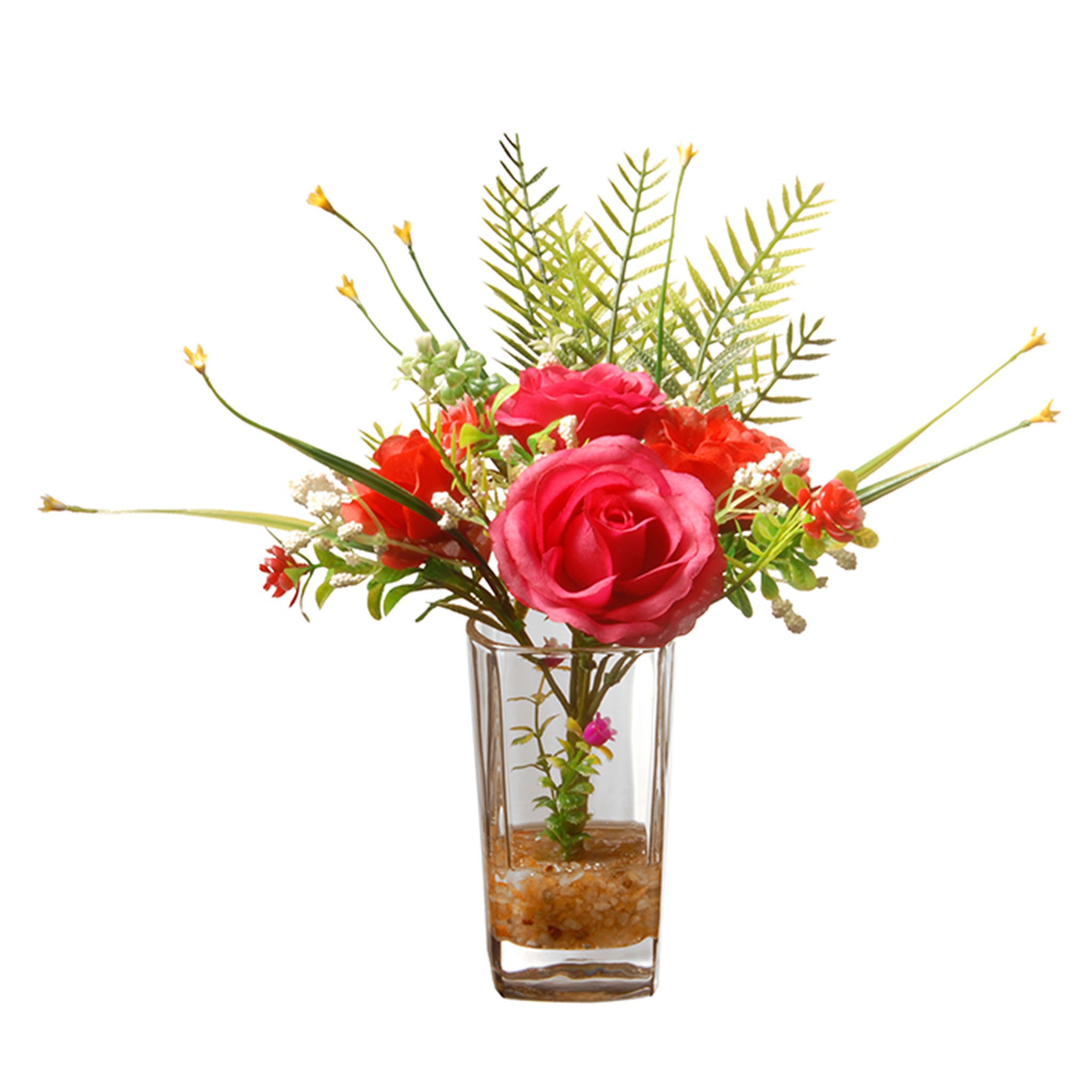 12 Inch Artificial Red Roses Bouquet in Glass Vase with Faux Leafy Greens - Home Decor, Wedding Centerpiece, Table Arrangement for Living Room & Office
