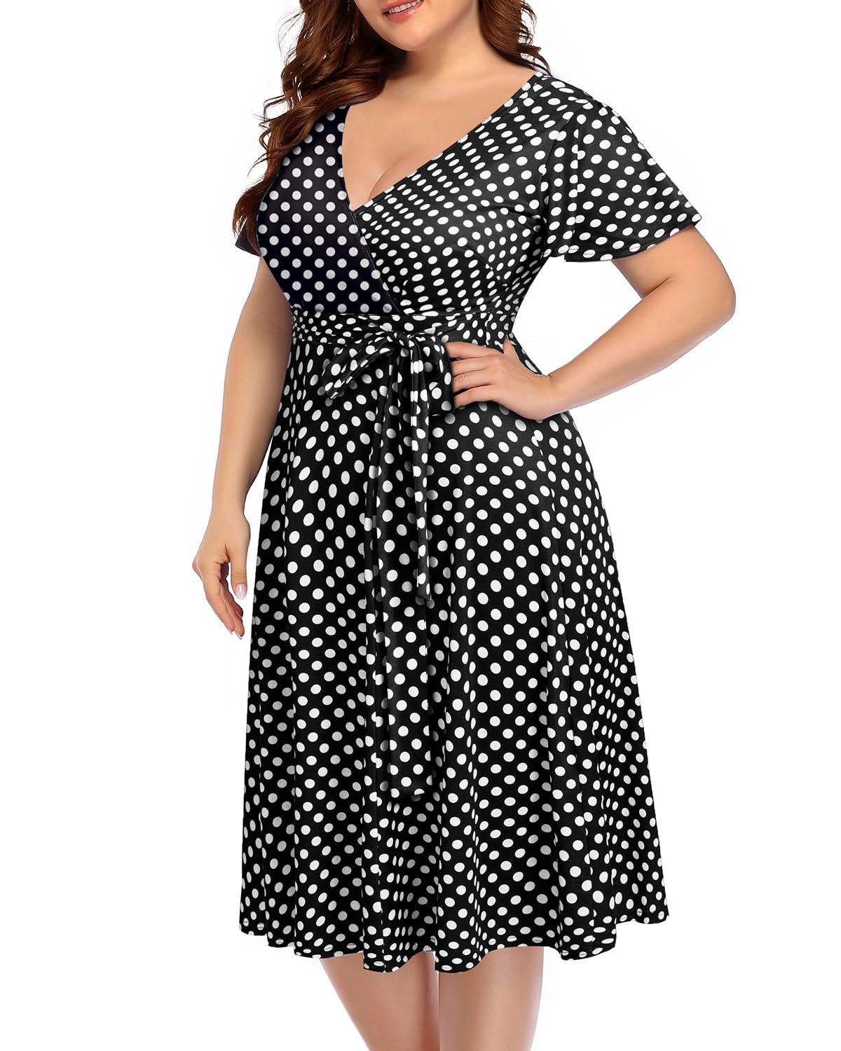 Plus Size Pinup Fashion Women's Cocktail Dress for Wedding Guest - Semi Formal Wrap Empire Waist Midi Dress | Perfect for Parties, Bridal Showers & Special Occasions