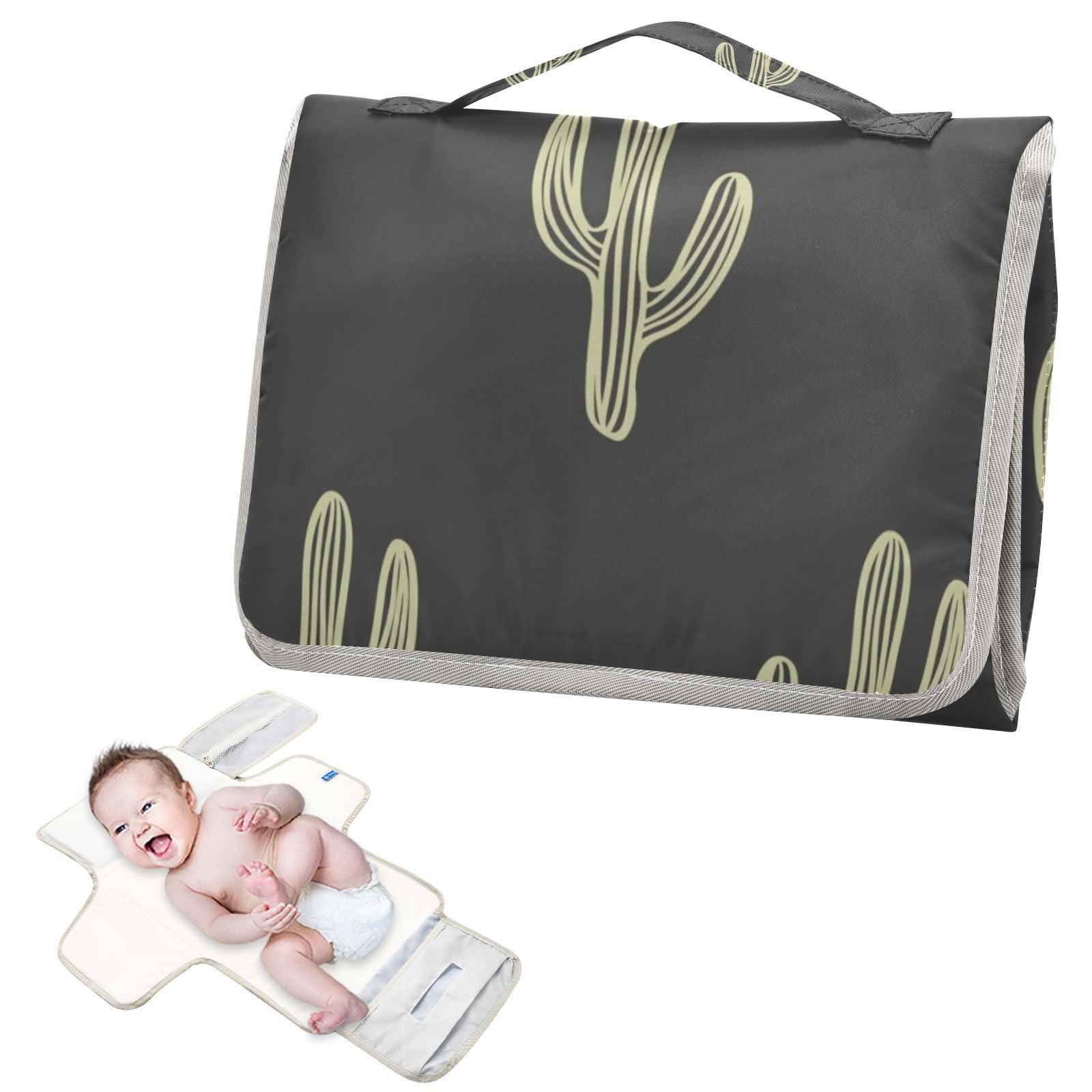 Waterproof Black Cactus Baby Changing Pad with Built-in Pillow - Portable Travel Changing Mat for Newborns (Girl & Boy) - Ideal for Nursery, Diaper Bags & On-the-Go Parents