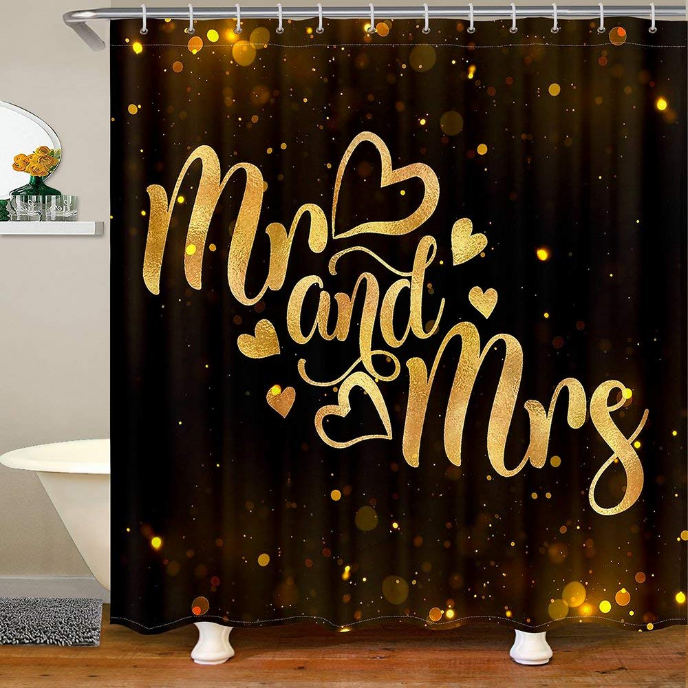 Luxury French Bath Curtain for Couples - Waterproof His & Her Shower Curtain with 12 Hooks, Gold Glitter Romantic Valentine Theme - Fits Standard Bathtubs (72