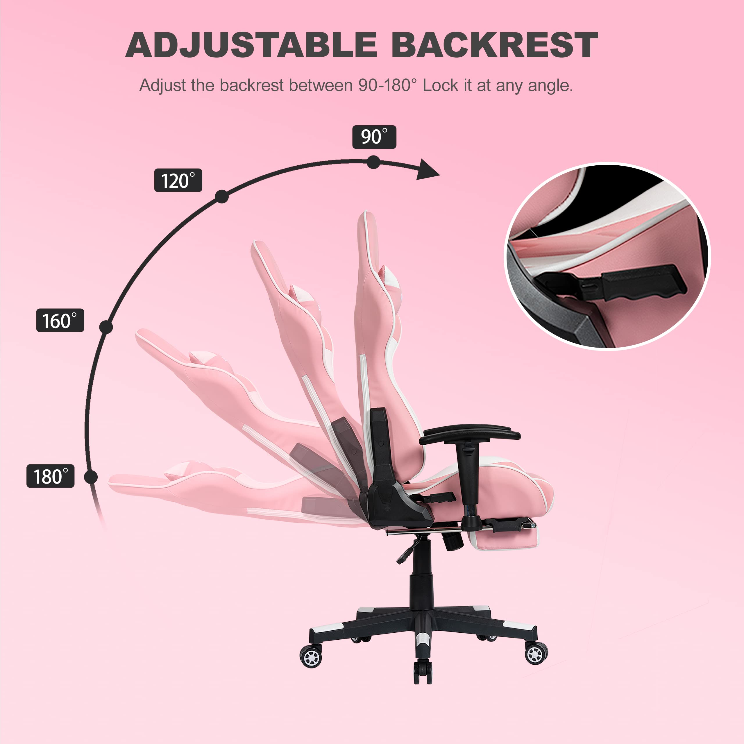 OHAHO Ergonomic Gaming Chair - Racing Style Office Chair with Adjustable Height, Lumbar Support & Massage, High Back Computer Desk Chair with Retractable Arms & Footrest for Home & Office Use (Pink/White) - Perfect for Gaming, Working & Relaxing